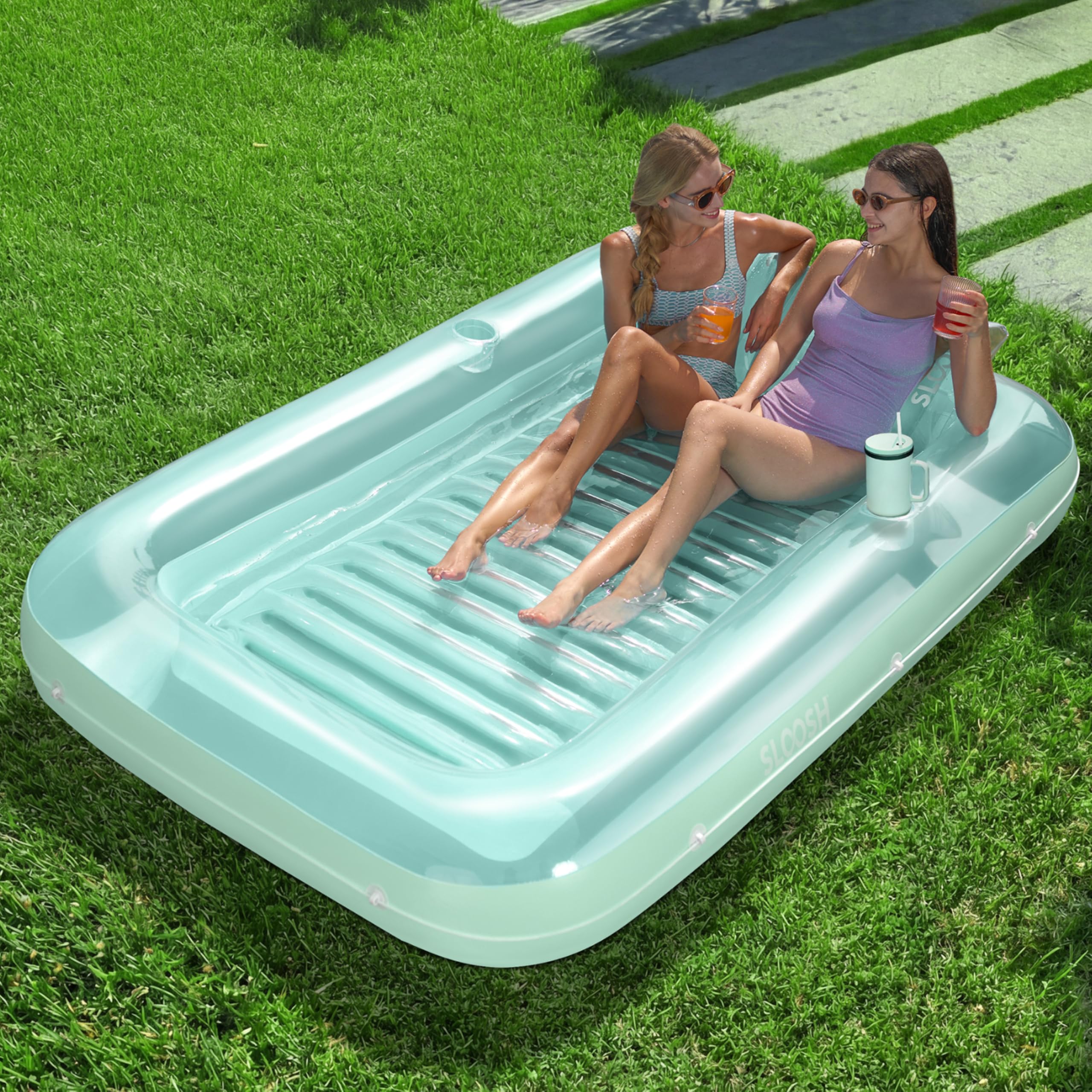 SLOOSH Inflatable Tanning Pool Lounger Float, 85" x 57" Extra Large Pool Floats Adult with Pillow, 4 in 1 Suntan Tub Raft Floatie,Sunbathing Bed Lounge for Water Blow Up Ball Pit Party Gifts, XL-Cyan