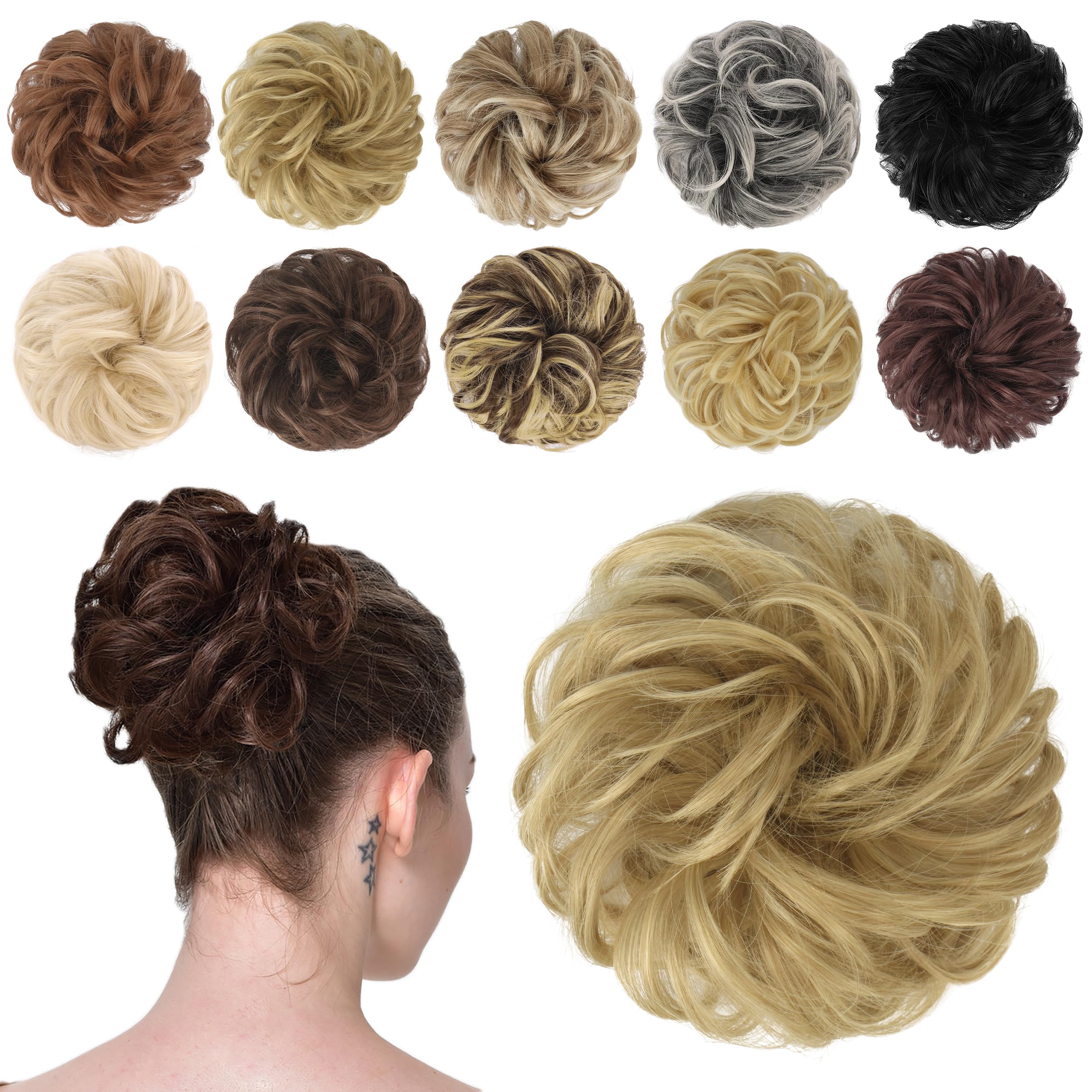 Photo 1 of FESHFEN Messy Bun Hair Piece - Elastic Wavy Curly Hair Bun Scrunchies Extensions Synthetic Chignon Hairpieces for Women Girls, Light Golden Blonde 1 PCS
