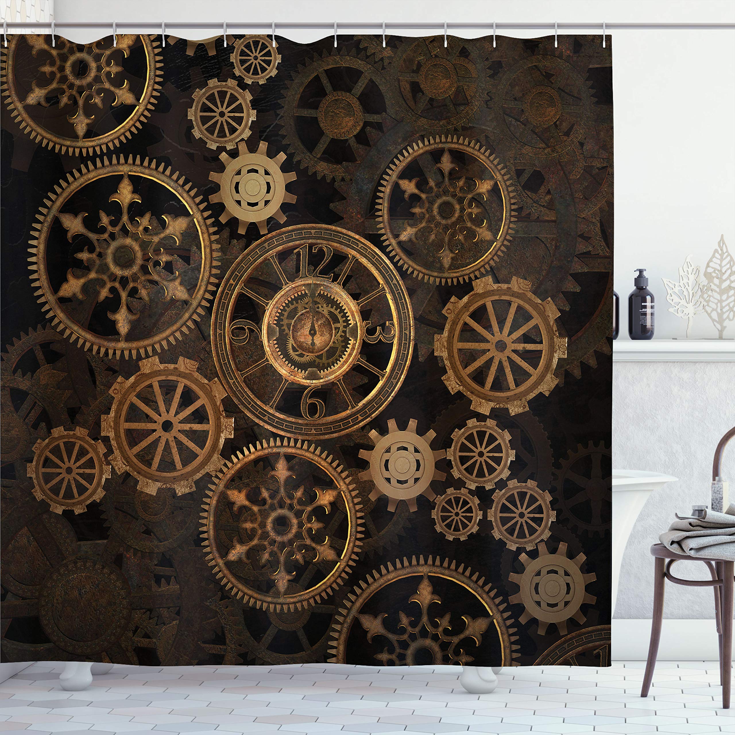 ABAKUHAUS Steampunk Shower Curtain, Dark Toned Mechanical Composition Including Various Wheels Gears Image, Cloth Fabric Bathroom Decor Set with Hooks, 70 Inches, Dark Brown Sand Brown