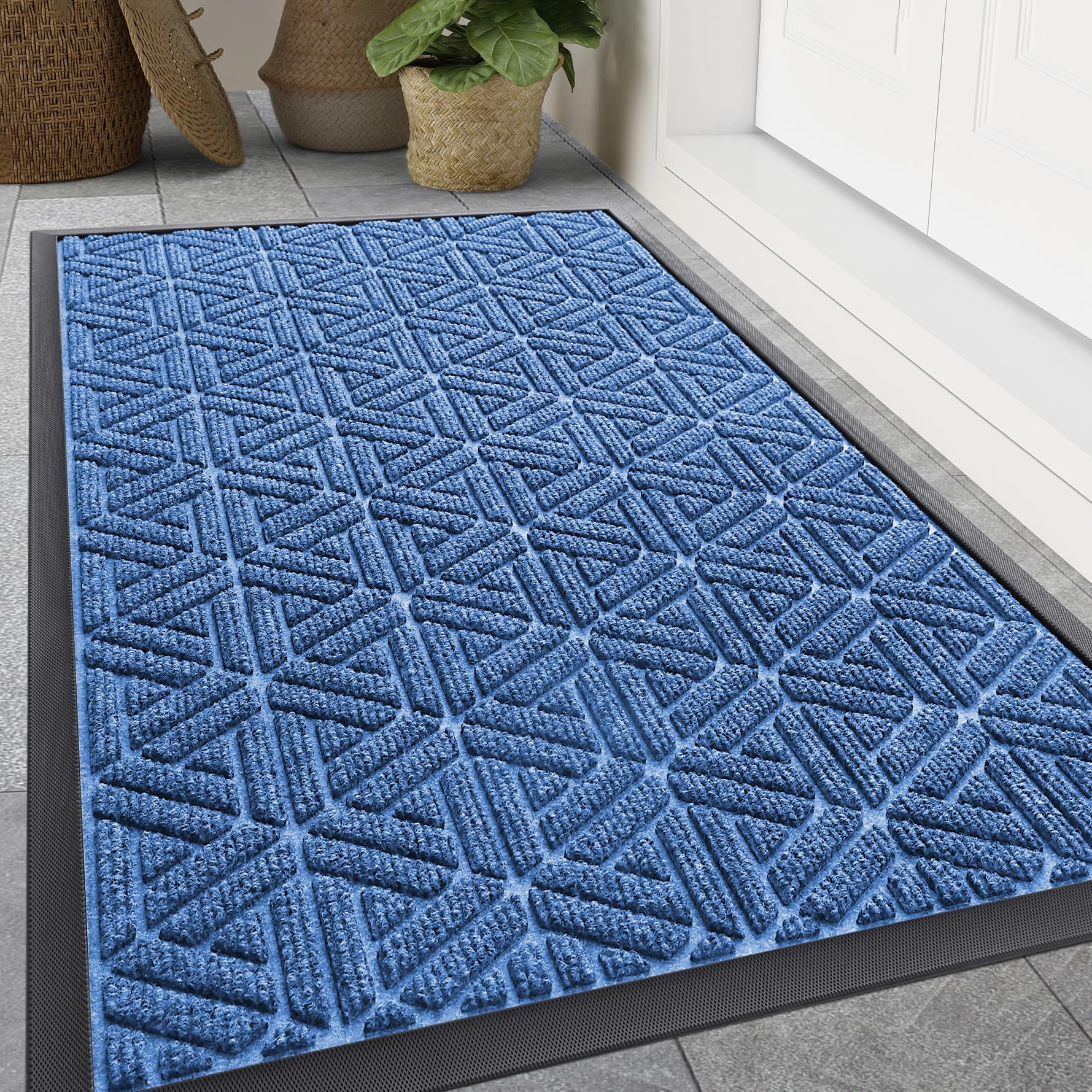 Smiry Front Door Mat Outside Entrance, Heavy Duty Sturdy Natural Rubber Doormat, Trap Dirt and Moisture, Easy Clean Low Profile Mats for Indoor Outdoor Entry, Grid Geometric (47x32, Blue) Image