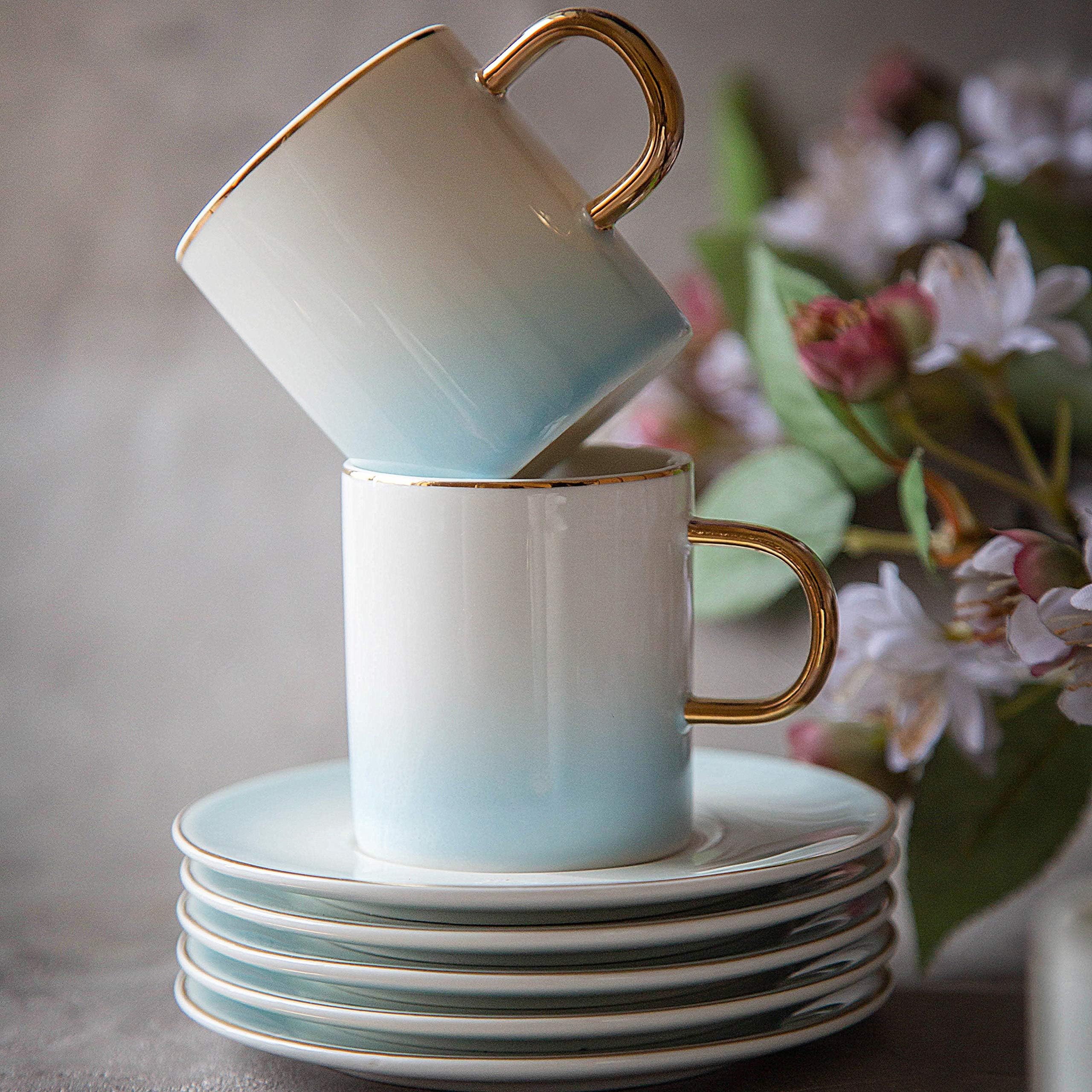 JCPL Porcelain Cup and Saucer Set of 12 (6 Cups 6 Saucers) Small (90 ml Each) Perfect for Specialty Coffee Drinks, Latte, Cafe Mocha and Tea (Splash Blue)