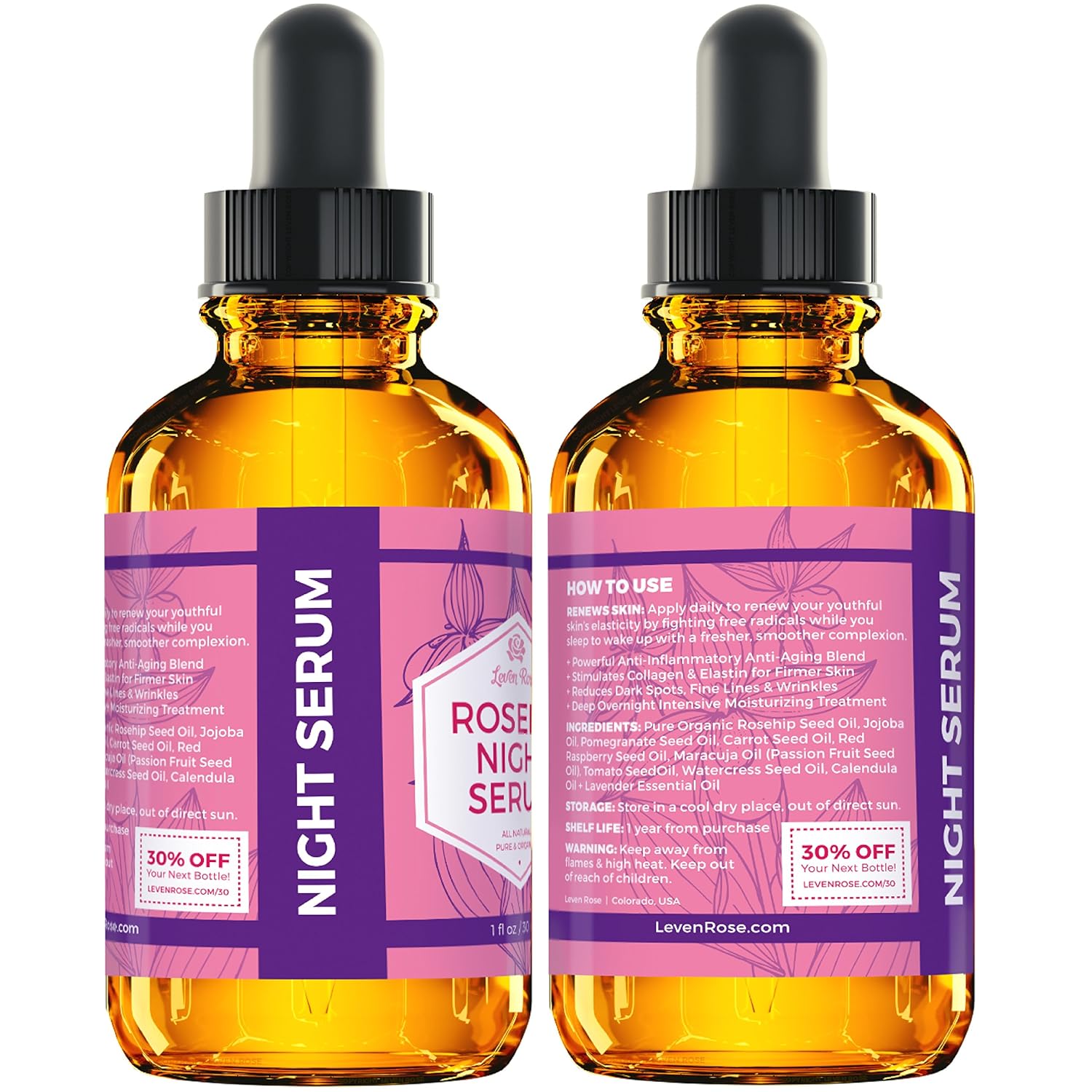 Rosehip Oil Night Serum by Leven Rose, 100% Pure Organic Natural Skin Renewal Brightening Complexion Anti Inflammatory Anti Aging 1 oz: Beauty
