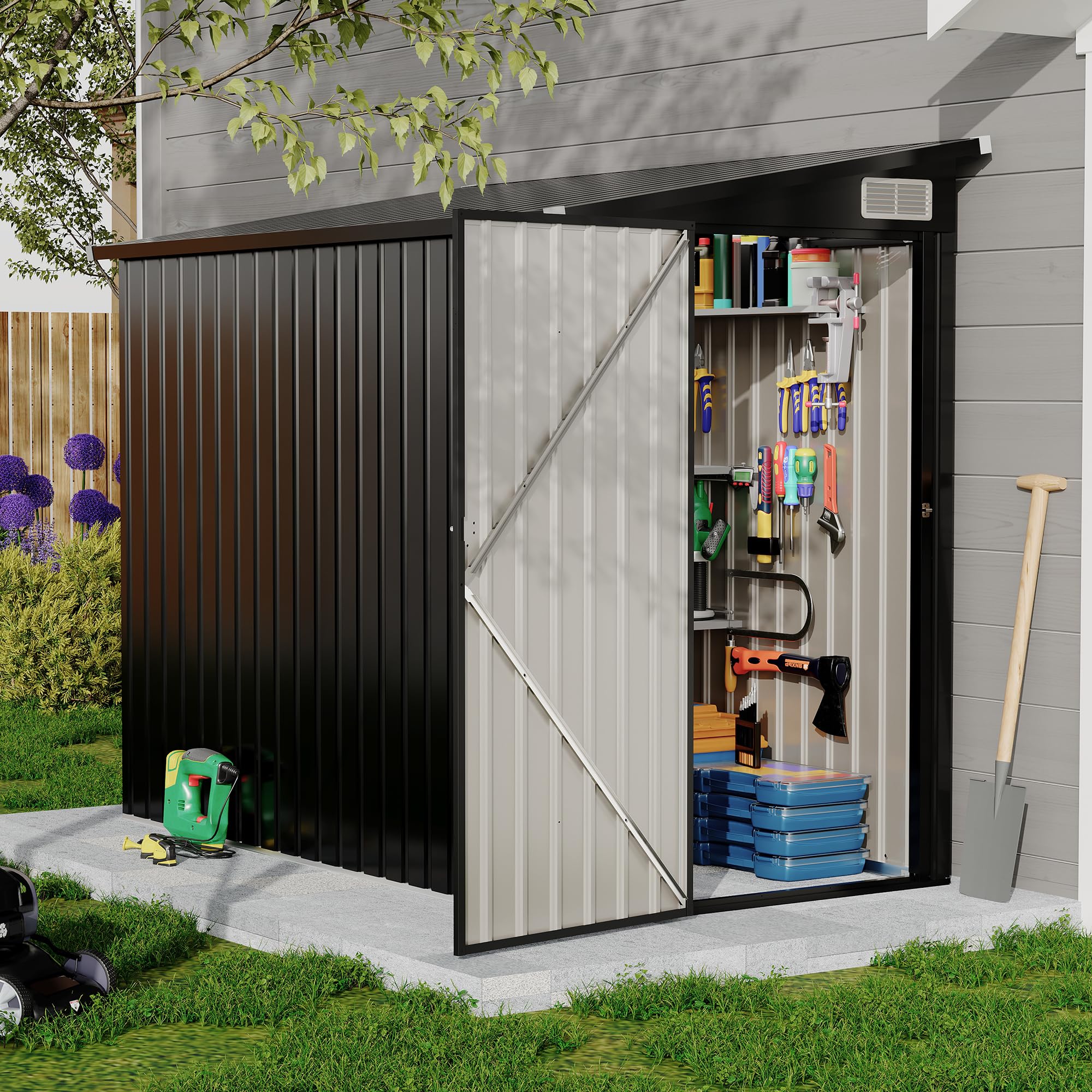 Photo 1 of 4x8 FT Metal Outdoor Lean to Storage Shed, Lean to Garden Shed Utility Tool Shed, Heavy-Duty Outdoor Metal Wall Side Storage Sheds