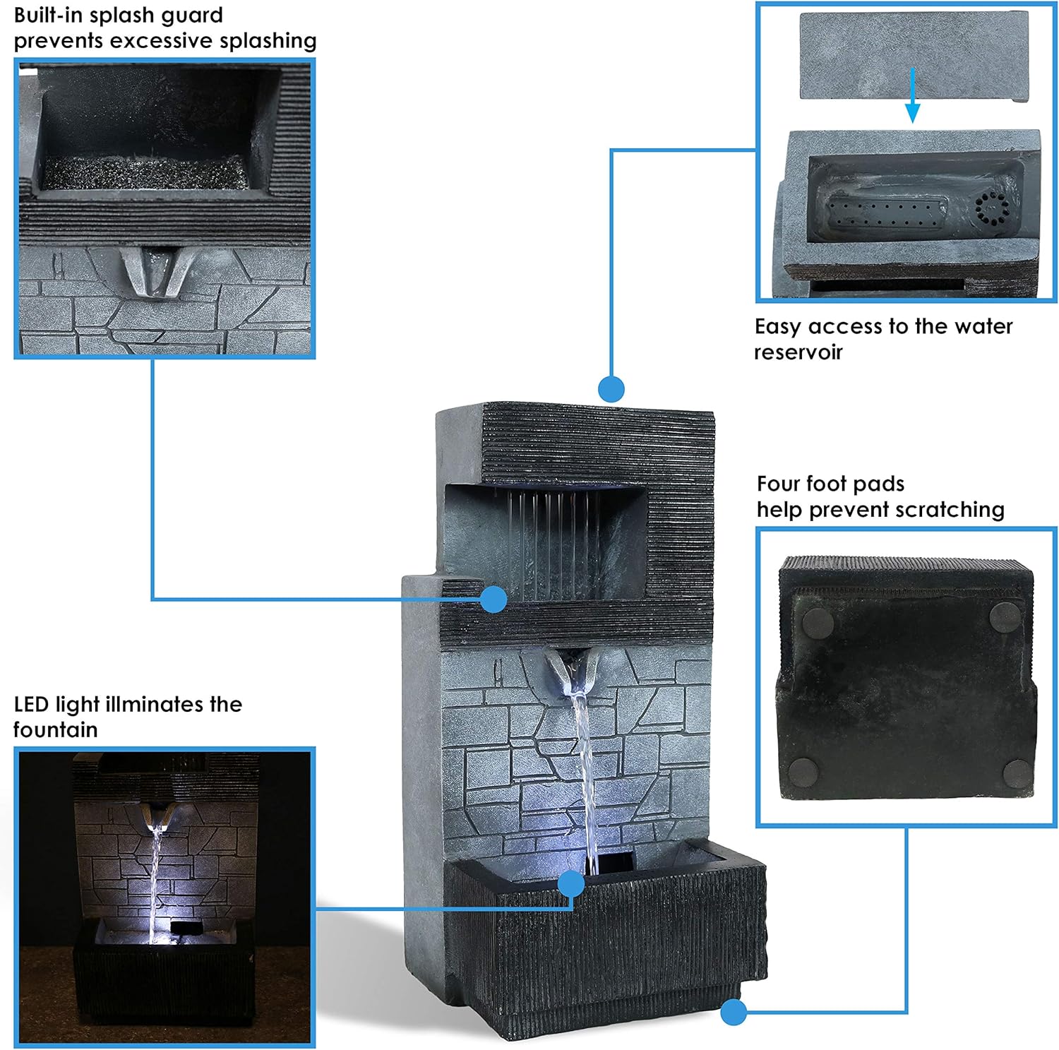 Sunnydaze 13-Inch Modern Tiered Brick Wall Tabletop Indoor Water Fountain with LED Light - Small Interior Water Feature for Desktop and Table - Mini Decorative Fountain for Home and Office: Kitchen & Dining