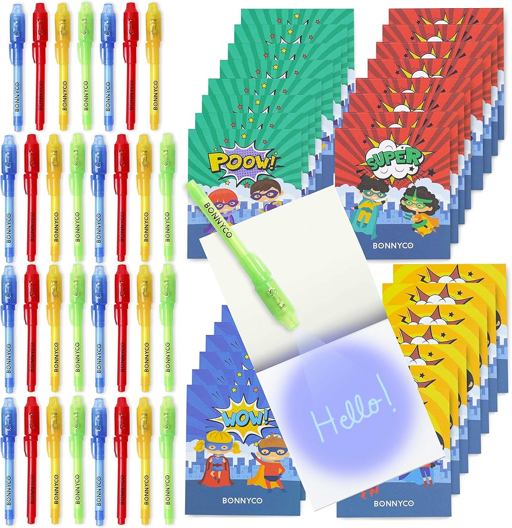 BONNYCO Invisible Ink Pen & Notebook 32 Pack Superhero Party Bag Fillers Kids