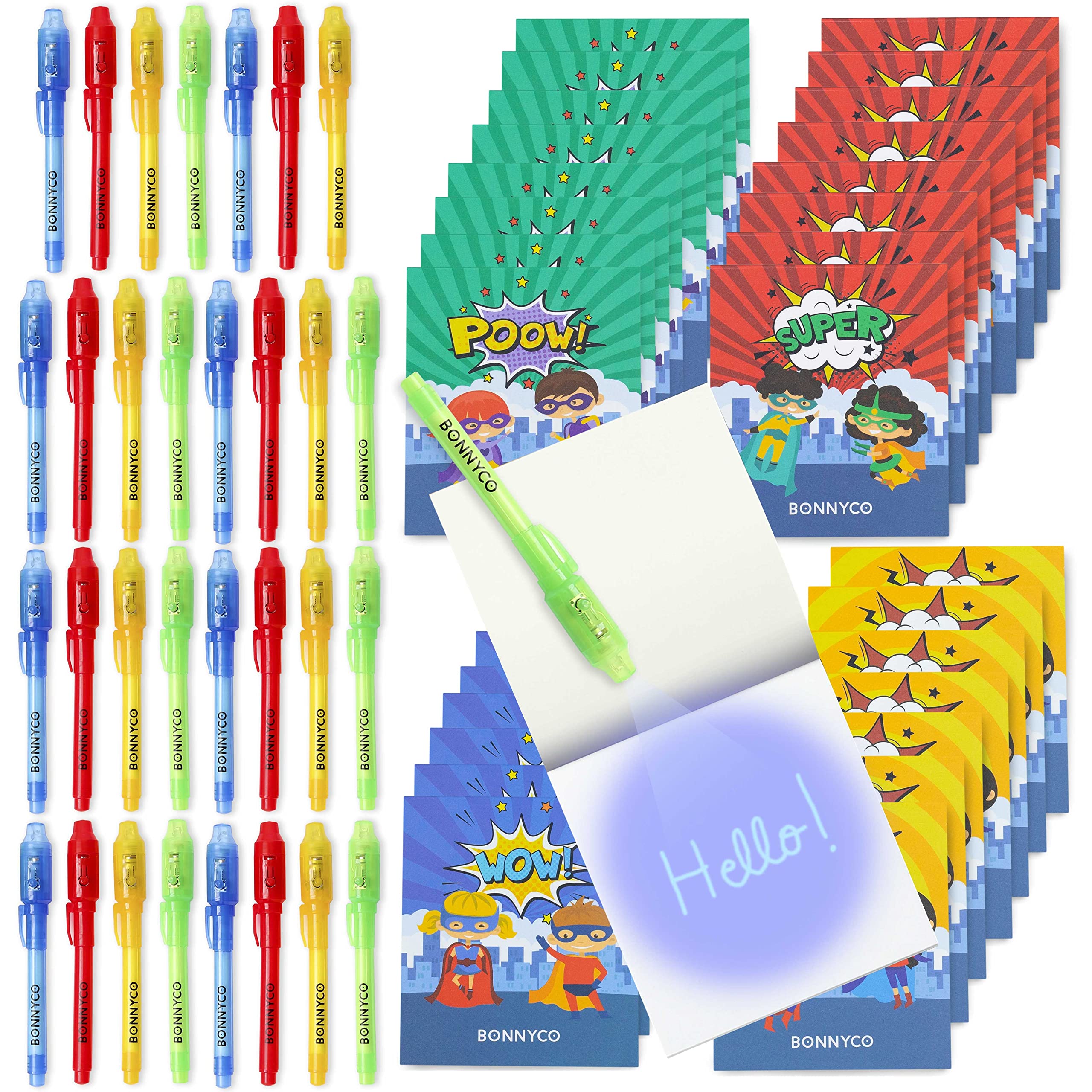 BONNYCO Invisible Ink Pen and Notebook, Pack 32 Superhero Party Bags Fillers and Pinata Toys, Birthday Decorations. Stocking Fillers for Kids Birthday, School Prizes, Superheroes Gifts for Children