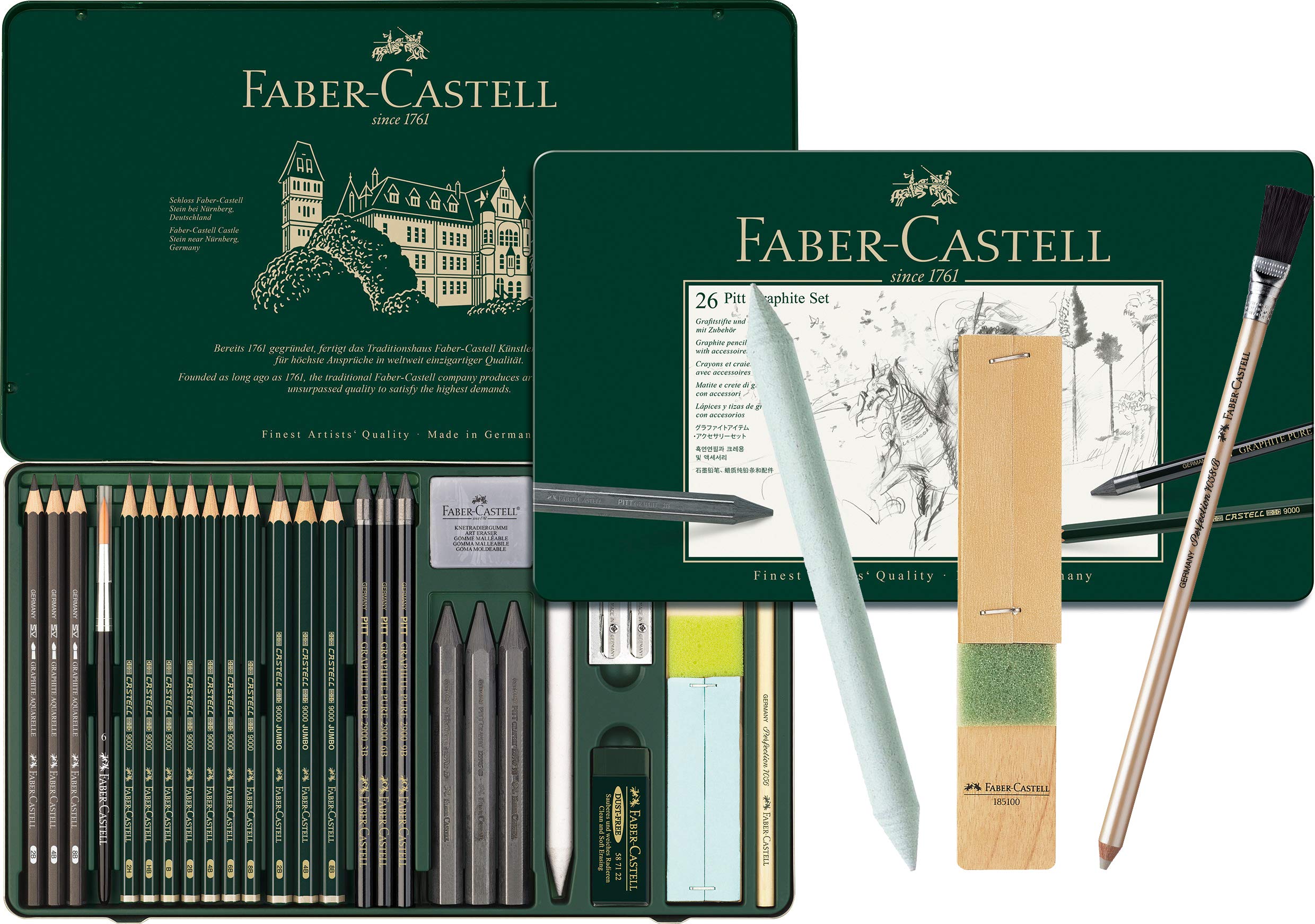 Faber-Castell - Pitt Graphite set in metal case, large, 26 + 3 pieces (including eraser pen with brush, paper eraser and pen grinding pad)