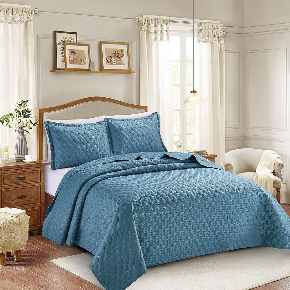 Prime Linens 3 Piece Inspiration Quilted Bedspread Blue Single 2 Piece Set
