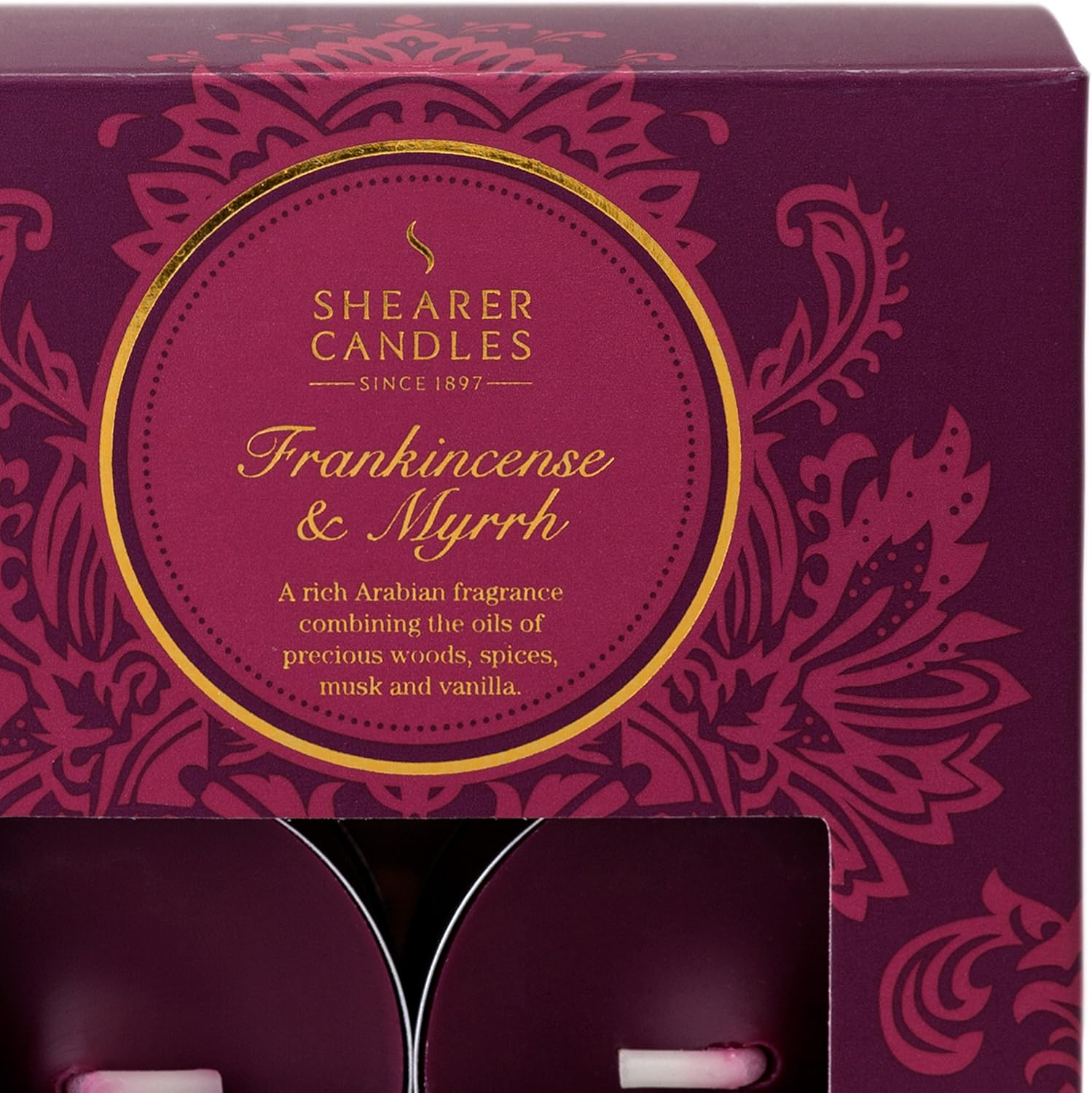 Shearer Candles Frankincense and Myrrh (Pack of 8) Scented Tealights - Burgundy,80 x 80 x 30, Red - Image 3