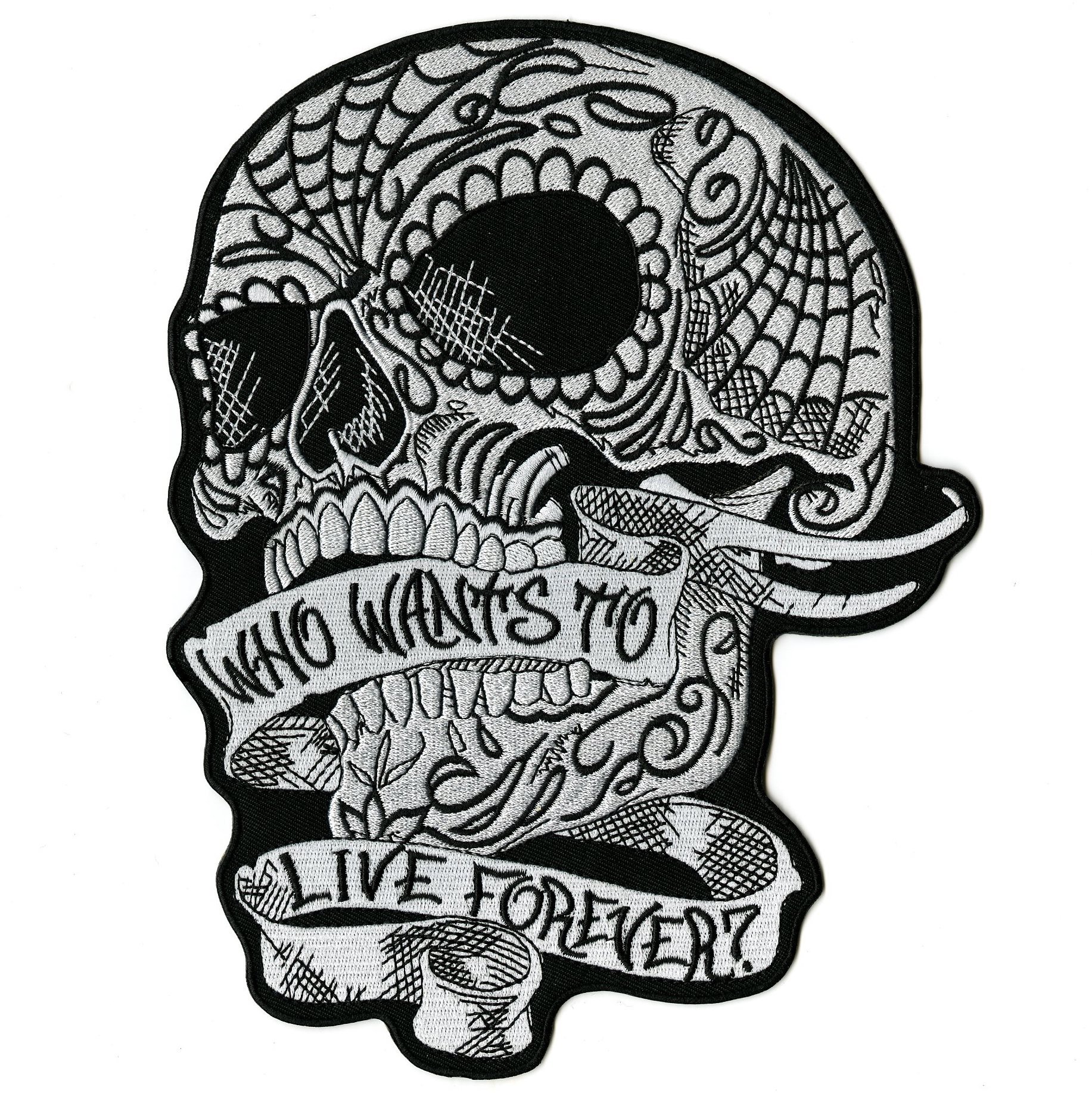 Sugar Skull Patch 10" Who Wants to Live Forever De Los Muertos Rose Skeleton | Embroidered Iron On | Large - by Nixon Thread Co.