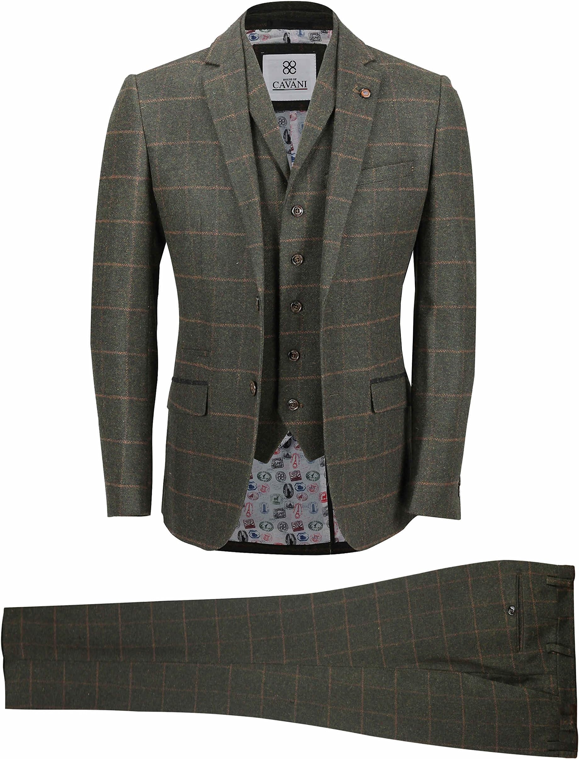 Mens 3 Piece Classic Tweed Wool Suit Olive Green Vintage Herringbone Check Smart Tailored Fit