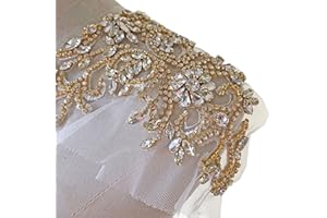 GELVS Sparkle Rhinestone Applique Wedding Dress Accessories Beaded Patch V-Neck Crystal Neckline Gold Color