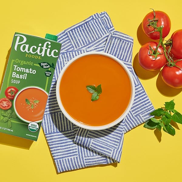 PACIFIC FOODS ORGANIC TOMATO BASIL SOUP, PLANT BASED, 32 OZ CARTON