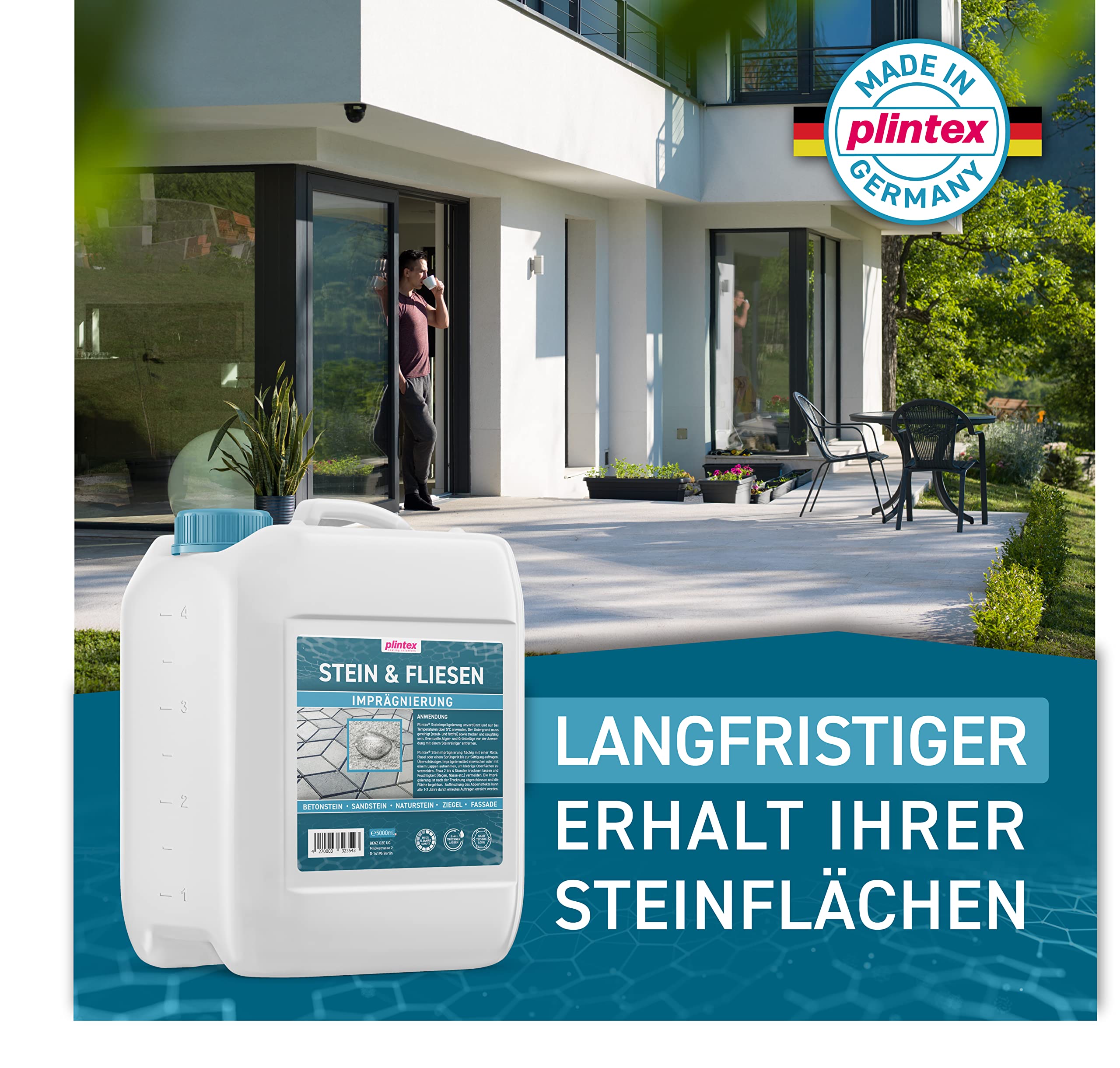 PLINTEX® Steinimprägnierung Außen & Innen 5 L für ca 40-60m² - Universelle Fassaden & Stein Imprägnierung für Naturstein, Beton, Granit & Pflasterstein - Stein-Versiegelung 7