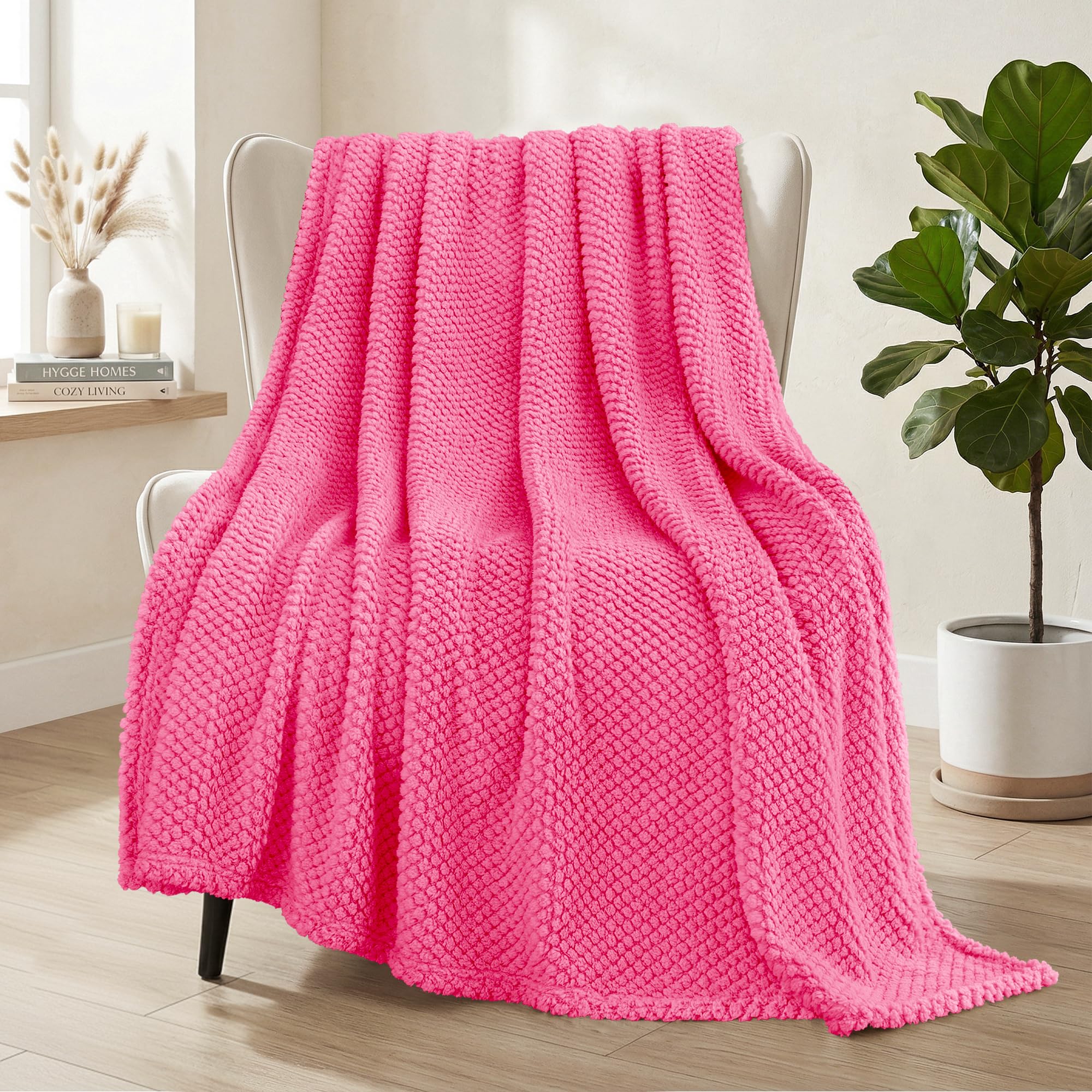 Whale Flotilla Large Fuzzy Fleece Throw Blanket for Sofa, 130x180 CM Fluffy Warm Soft Jacquard Blankets for All Season, Lightweight and Cozy, Hot Pink