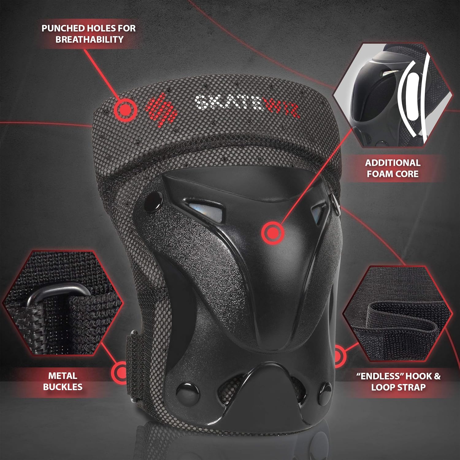 SKATEWIZ Protect-1 Elbow and Knee Pads - with Infinity Hook & Loop Straps for Better Fit - Elbow Pads Wrist Guards Inline Skating for Kids [6pcs] - Protective Gear Set with Carry Bag : Sports & Outdoors