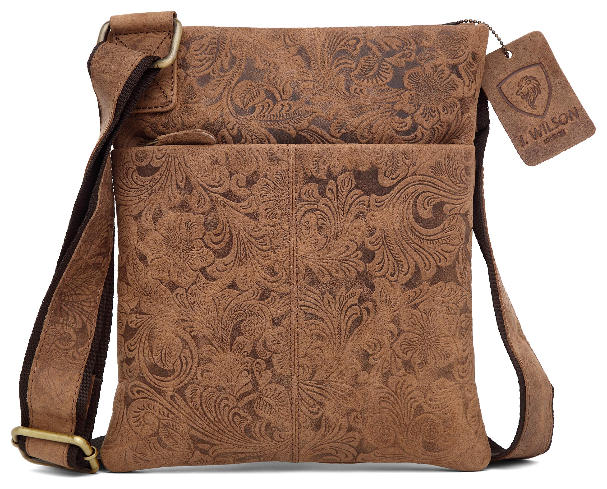 J. Wilson London 100% Pure Genuine Real Vintage Crunch Leather Handmade Mens Leather Everyday Crossover Shoulder Work iPad Messenger Bag (Distressed Tan Flower)