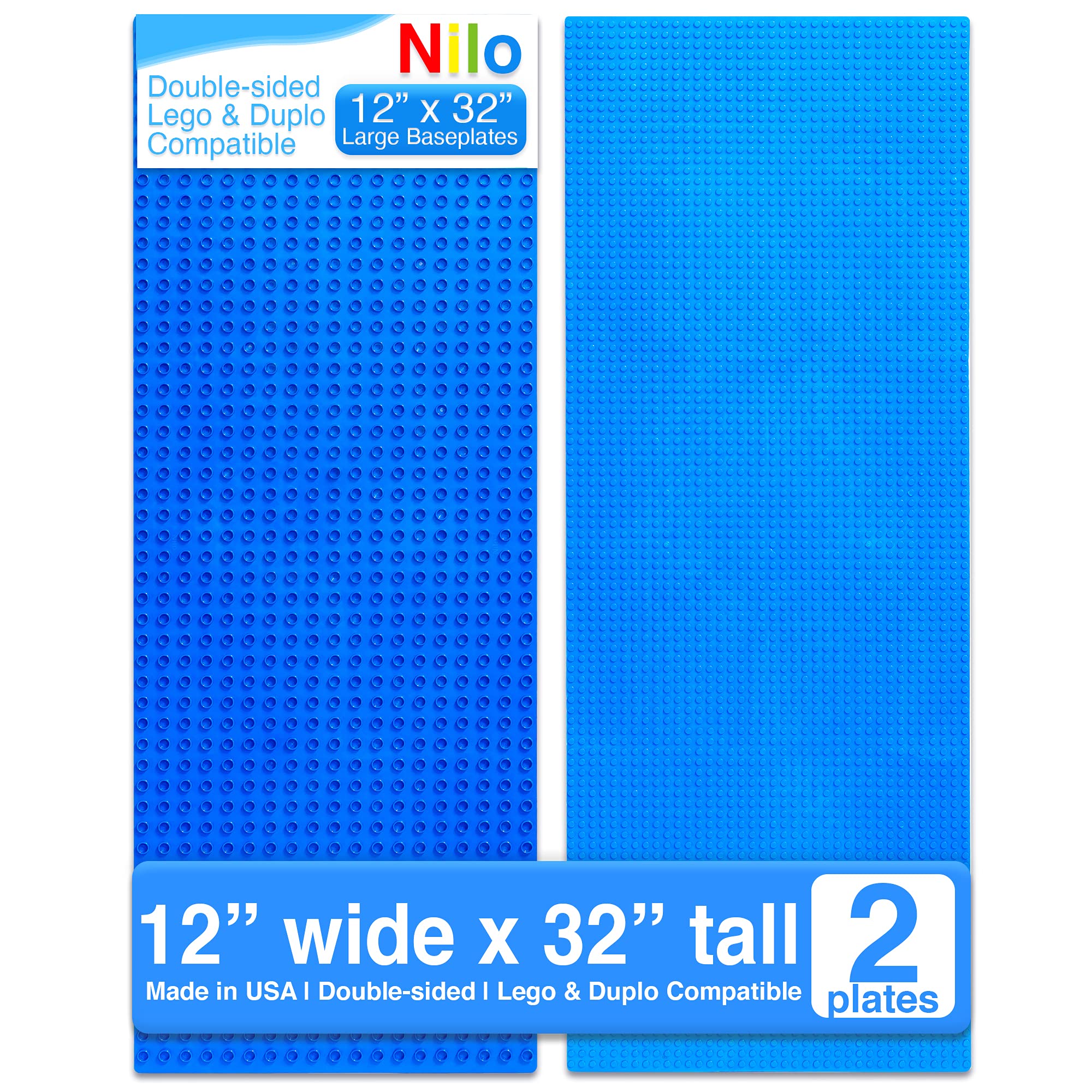NILO Blue Lego Compatible Base Plates - Double-Sided Duplo & Lego Mat - Large Snap Fit Reversible Brick Board 12"x32" (Blue)