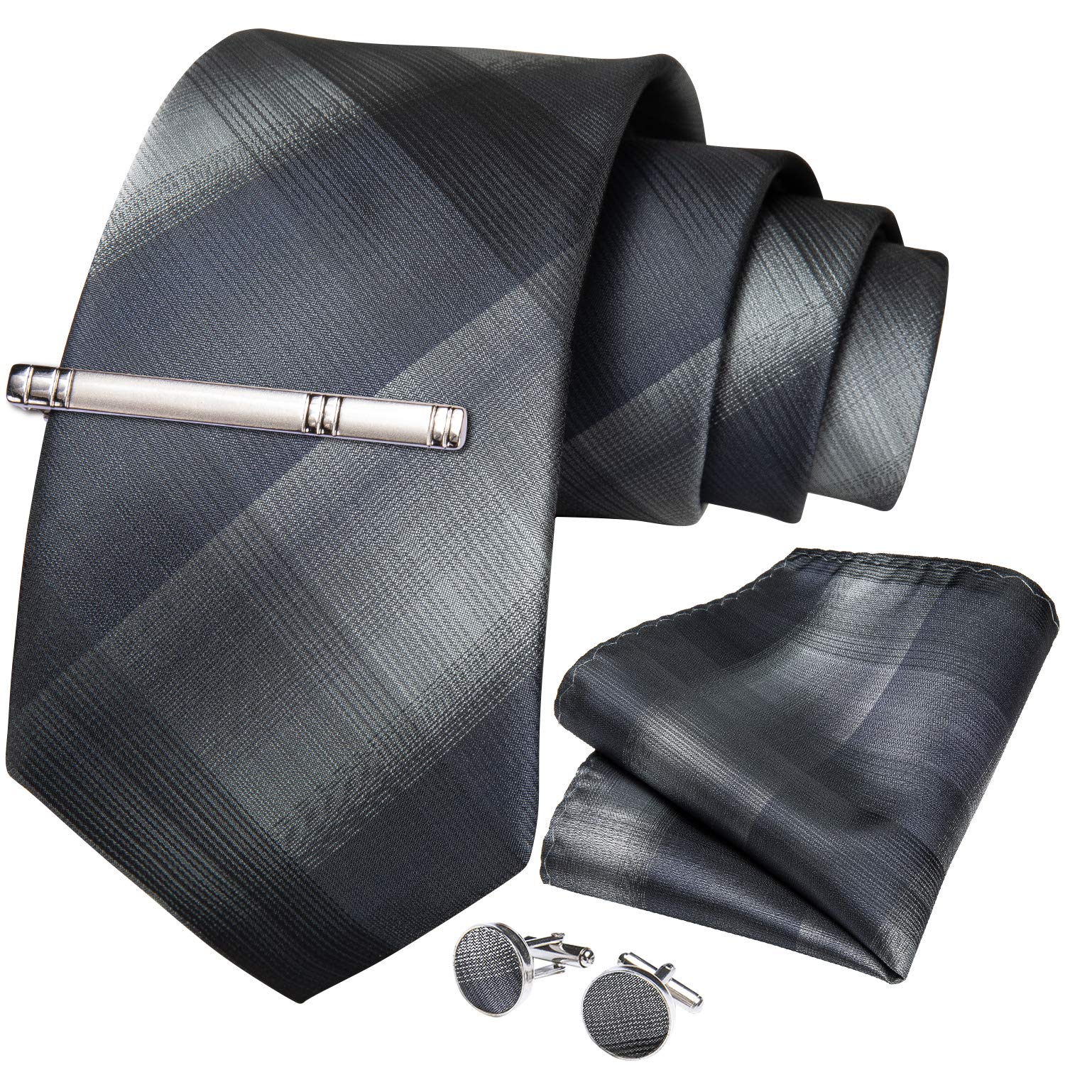 DiBanGu Grey Plaid Tie Men's Formal Tie and Pocket