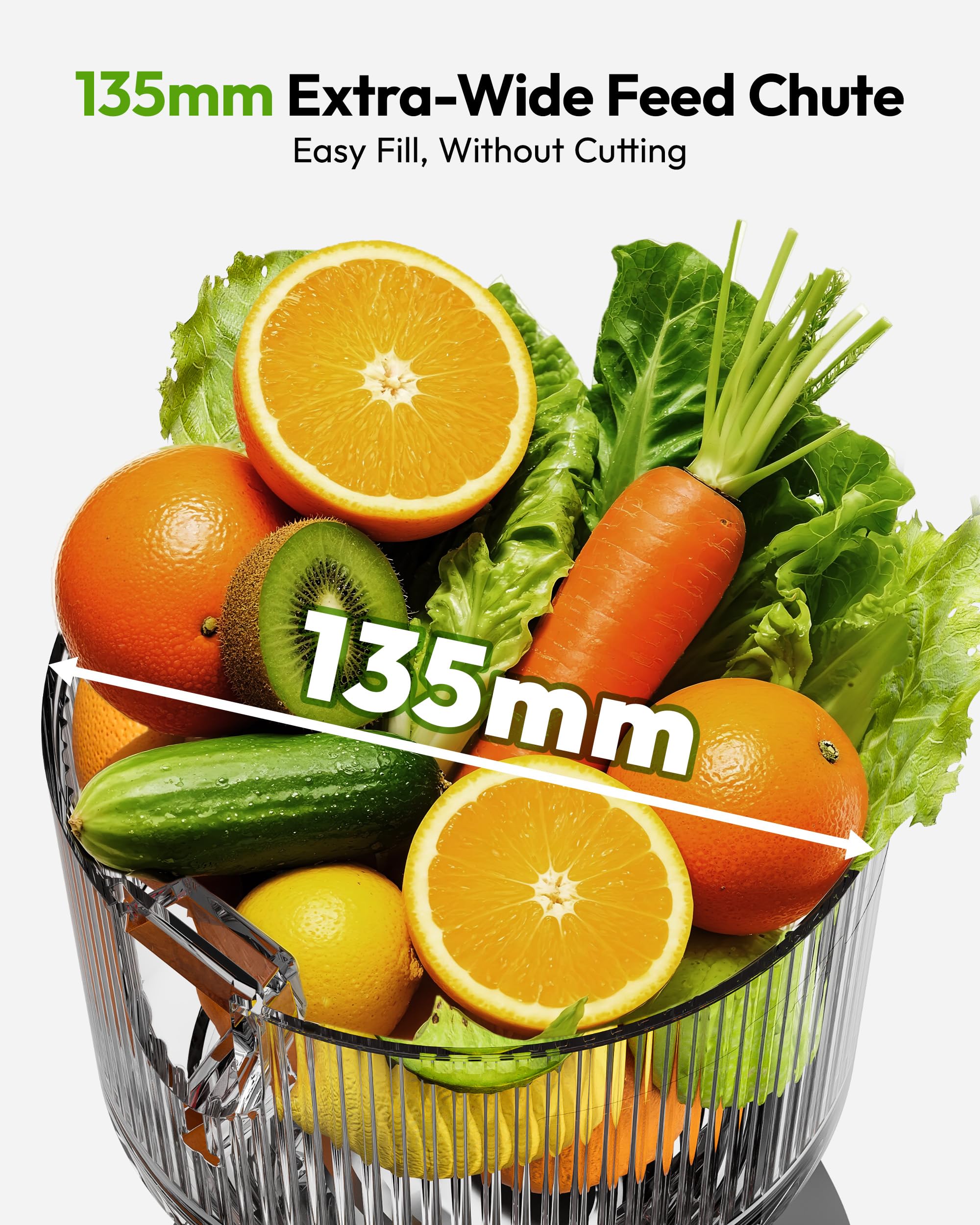EUHOMY Cold Press Juicer Machines, 135mm&1.8L Feeding Chute for Whole Fruits and Vegetables-Liberate Your Hands, 220W Slow Masticating Juicer with Auto-cutting Auger, Safety Lock