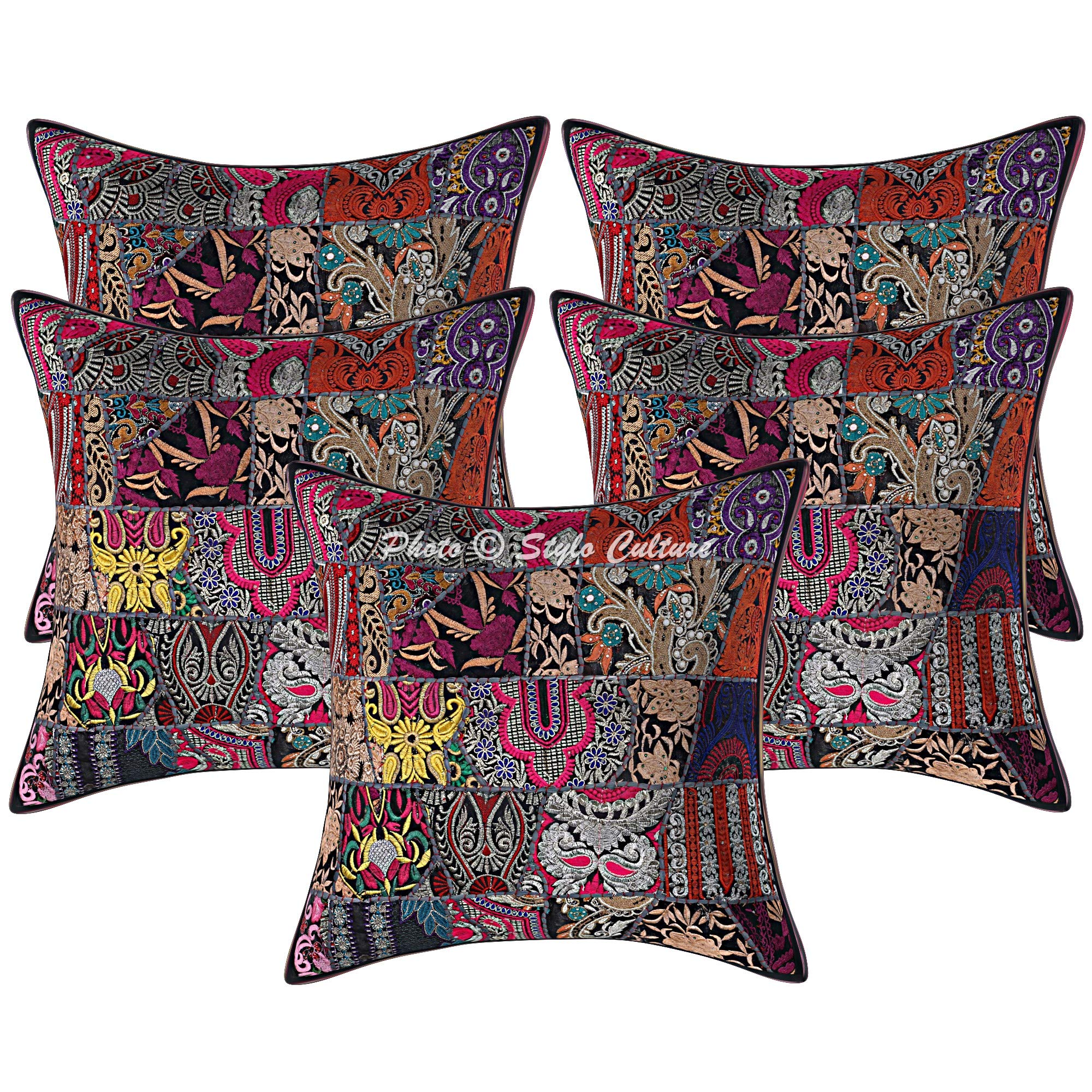 Stylo Culture Ethnic Cotton Vintage Fabric Patchwork Boho Scatter Cushion Covers Large 60 x 60 cm Black Abstract 24 x 24 Inch Embroidered Square Sofa Couch Floral Throw Pillow Cases - (Set Of 5 Pcs)
