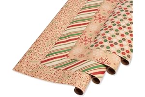 American Greetings Vintage Kraft Christmas Wrapping Paper Rolls, Red, Green and Brown Kraft Holiday Gift Wrap (80 sq. ft., 4 Rolls-30 in. x 8 ft.) Holly Berries, Stripes, Dots, Snowflakes