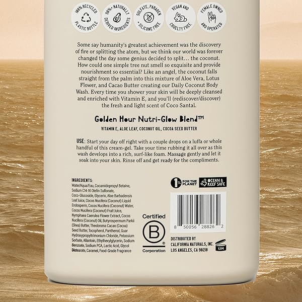 CALIFORNIA NATURALS BODY WASH FOR WOMEN AND MEN, VITAMIN E SHOWER GEL CLEANSER, NATURAL, VEGAN & CRUELTY FREE, PARABEN & SULFATE FREE, MOISTURIZING SKIN, COCONUT, ALL SKIN TYPES, 16.5 FL OZ
