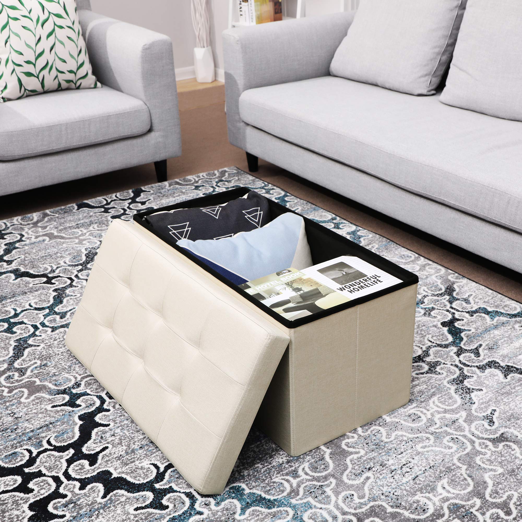 SONGMICS Storage Ottoman, Padded Foldable Bench, Storage Box with 80L Capacity, Holds up to 660 lb, for Bedroom, Hallway, 30 x 15 x 15 Inches, Linenette Fabric, Beige ULSF47BE