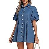 POLIRO Denim Dress for Women Puff Sleeve Babydoll Jean Dress Mini Denim Romper with Pockets