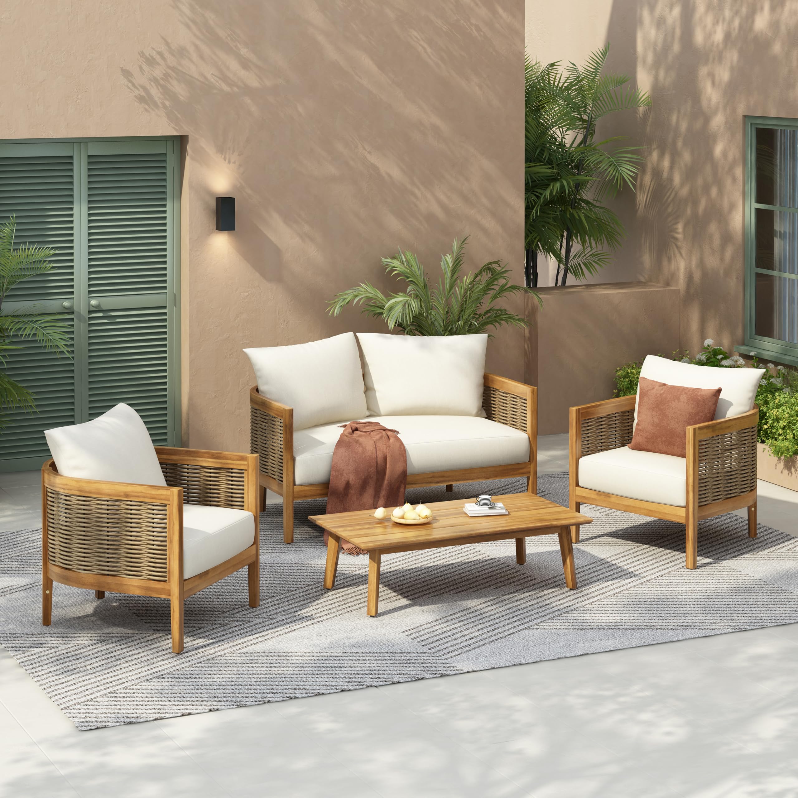 Photo 1 of **PARTIAL SET***Merax 4-Piece Outdoor Acacia Wood Wicker Conversation Set with Loveseat,Club Chairs and Coffetable for Backyard Garden