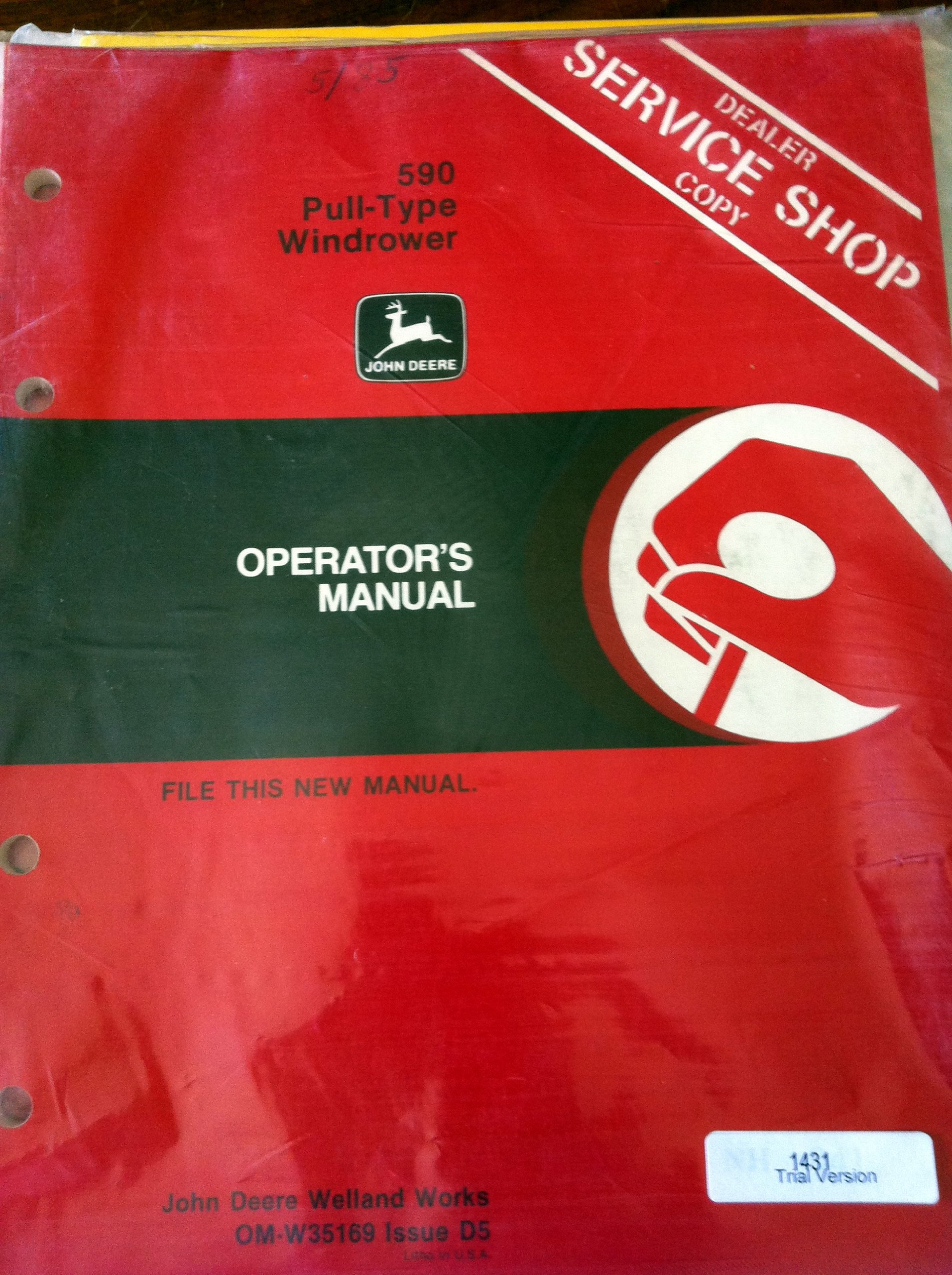 John Deere 590 Pull Type Windrower OEM Operators Manual Paperback – 2012