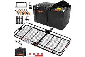 Mockins XXL 70"x30"x6" Folding Trailer Hitch Cargo Carrier w/License Plate Bracket | 500 Lbs Cap Steel Luggage Rack for SUV Car & Truck w/ 40 CuFt Waterproof Cargo Bag for Hitch Carrier & Accessories