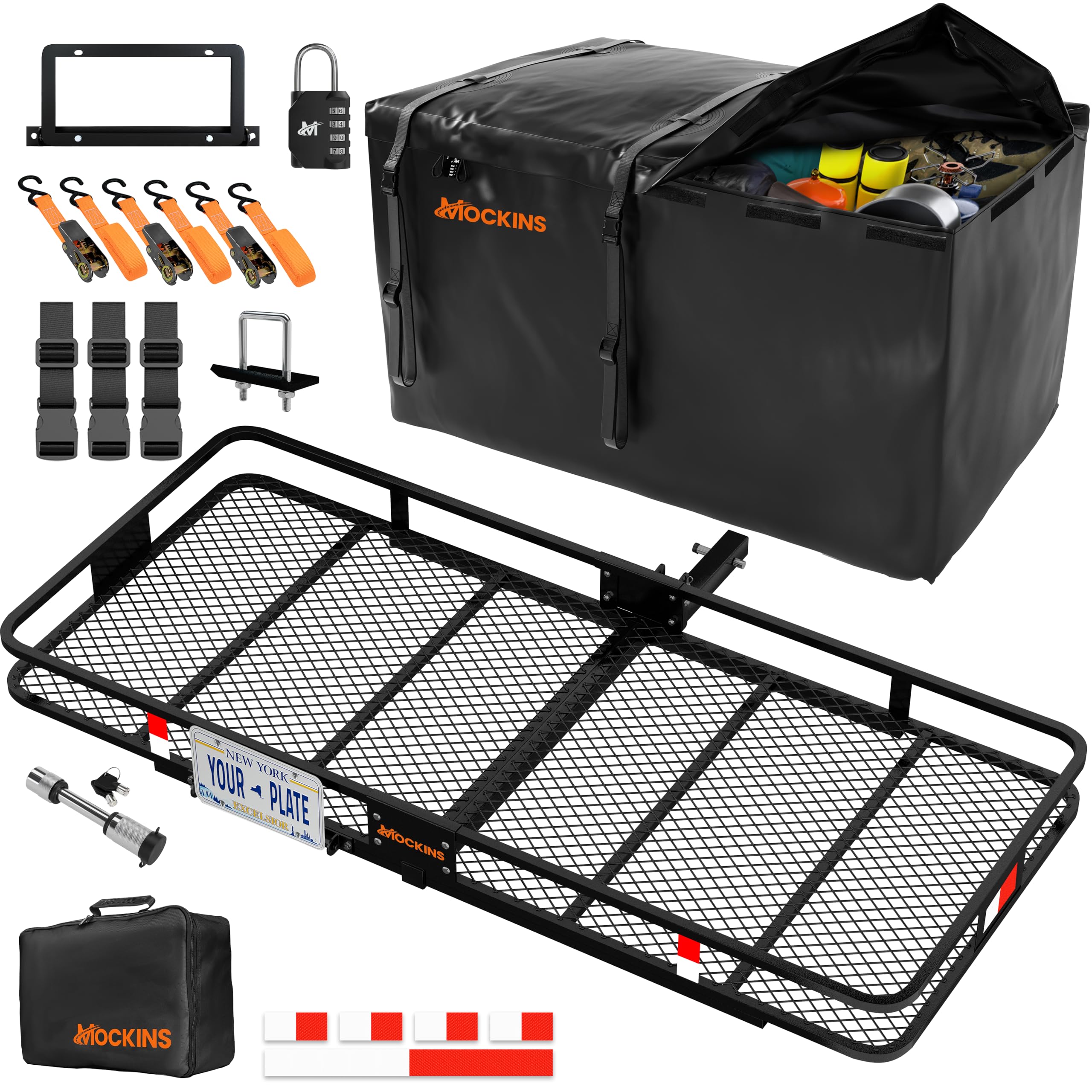 Photo 1 of Mockins 70"x30"x6" XXL Folding Trailer Hitch Cargo Carrier w/Plate Bracket | 500 Lbs Cap All-Weather Steel Luggage Rack for SUV Car & Truck w/ 40 CuFt Waterproof Cargo Hitch Carrier Bag & Accessories