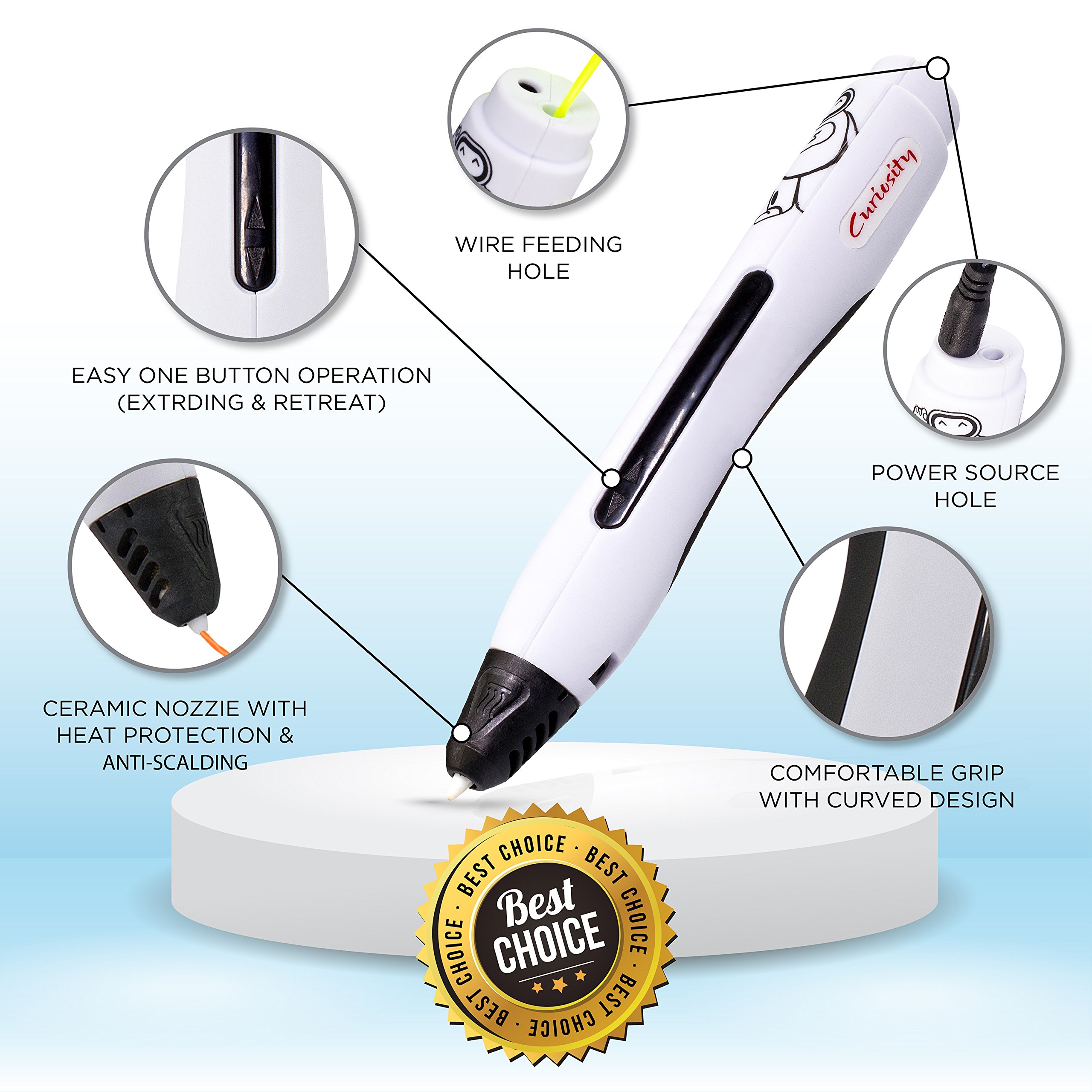 3D Printer Pen - Simple & Fun 1 Button Operation 3D Pen for Kids, Teens and Adults - Includes Two PLA Filaments, USB & BONUS Safety Shovel Tool by Curiosity