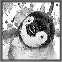 SIGNWIN Framed Canvas Wall Art Baby Penguin Ink Drawing Animals Wildlife Watercolor Expressionism Farmhouse/Country Portrait Dramatic Black and White for Living Room, Bedroom, Office - 16x16 inches