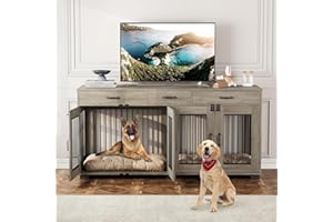 IDEALHOUSE 71'' Double Dog Crate Furniture, Large Dog Kennel Indoor with 3 Storage Drawers and Removable Divider for 2 Dogs, Heavy Duty Decorative Dog House TV Stand Side Table for Medium Large Dogs, Grey