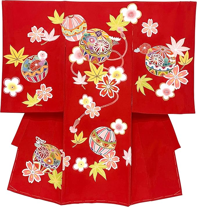 Amazon Co Jp 京都室町st お宮参り 着物 女の子 正絹 手描き友禅 金駒刺繍 赤ちゃんのお祝い着 初着 産着 赤 二つ鞠 Tnug131 服 ファッション小物
