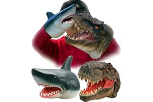 Gemini&Genius Tyrannosaurus & Shark Hand Puppets Dinosaur and Marine Animal World Action Figure Set Funny & Scared Head Hand Puppets for Home, Stage and Class Role Play Toys