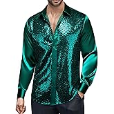 Barry.Wang Mens Disco Shirt Sequins Satin Shiny Metallic Long Sleeve Button Down Shirts 70s Vintage Cocktail Nightclub Rock