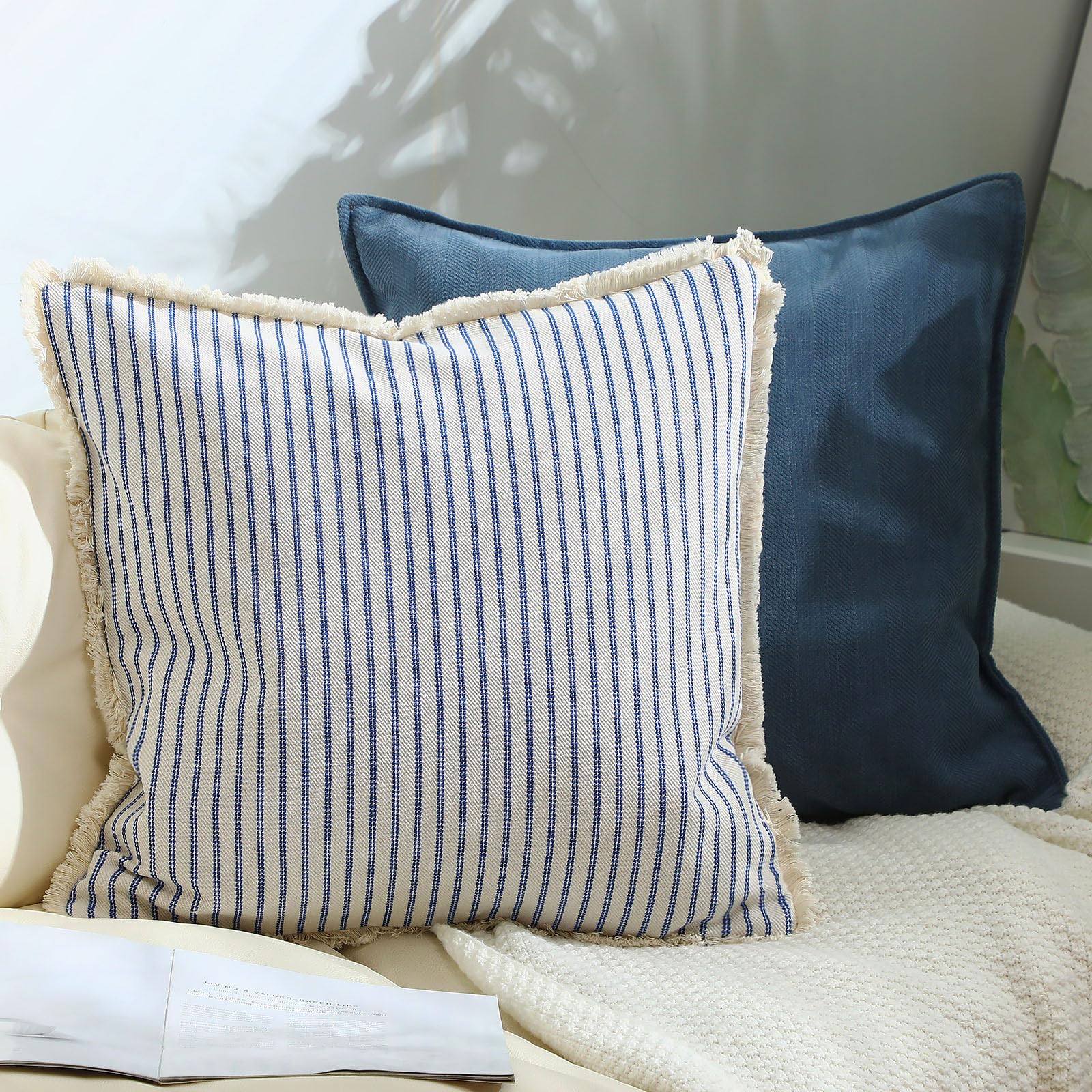 Photo 1 of Mixweer Decorative Couch Pillow Covers 20 x 20 Inch Set of 2 Modern Neutral Farmhouse Chenille Linen Striped Boho Aesthetic Pillow Cushion Cover for Couch Sofa Living Room(Navy Blue)