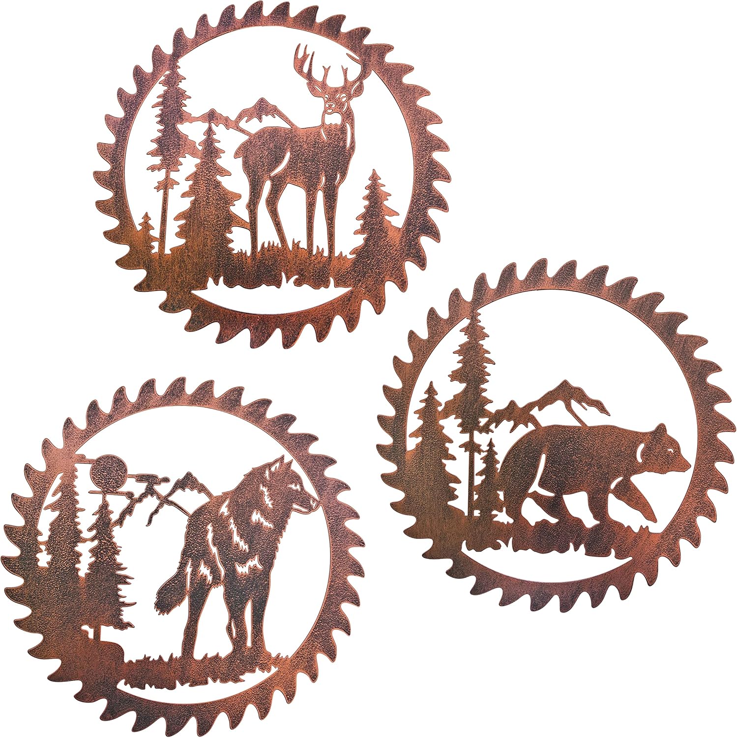 Plaques & Wall Art - WAIU Metal Cabin Wall Art Decor Deer Bear Wolf in the Forest Pine Tree, 9 Inch Set of 3 Rustic Bronze Concise Saw Blade Decoration Hanging for Living Room Bedroom Bathroom Indoor Outdoor, Lodge