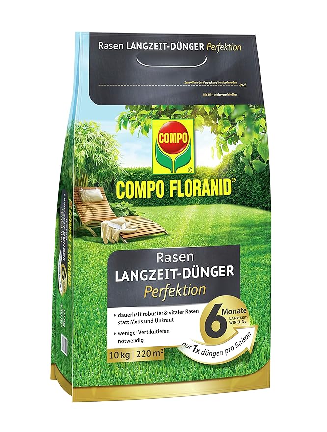 COMPO FLORANID Rasen-Langzeit-Dünger Perfektion, 6 Monate Langzeitwirkung, Feingranulat, 10 kg, 220 m²