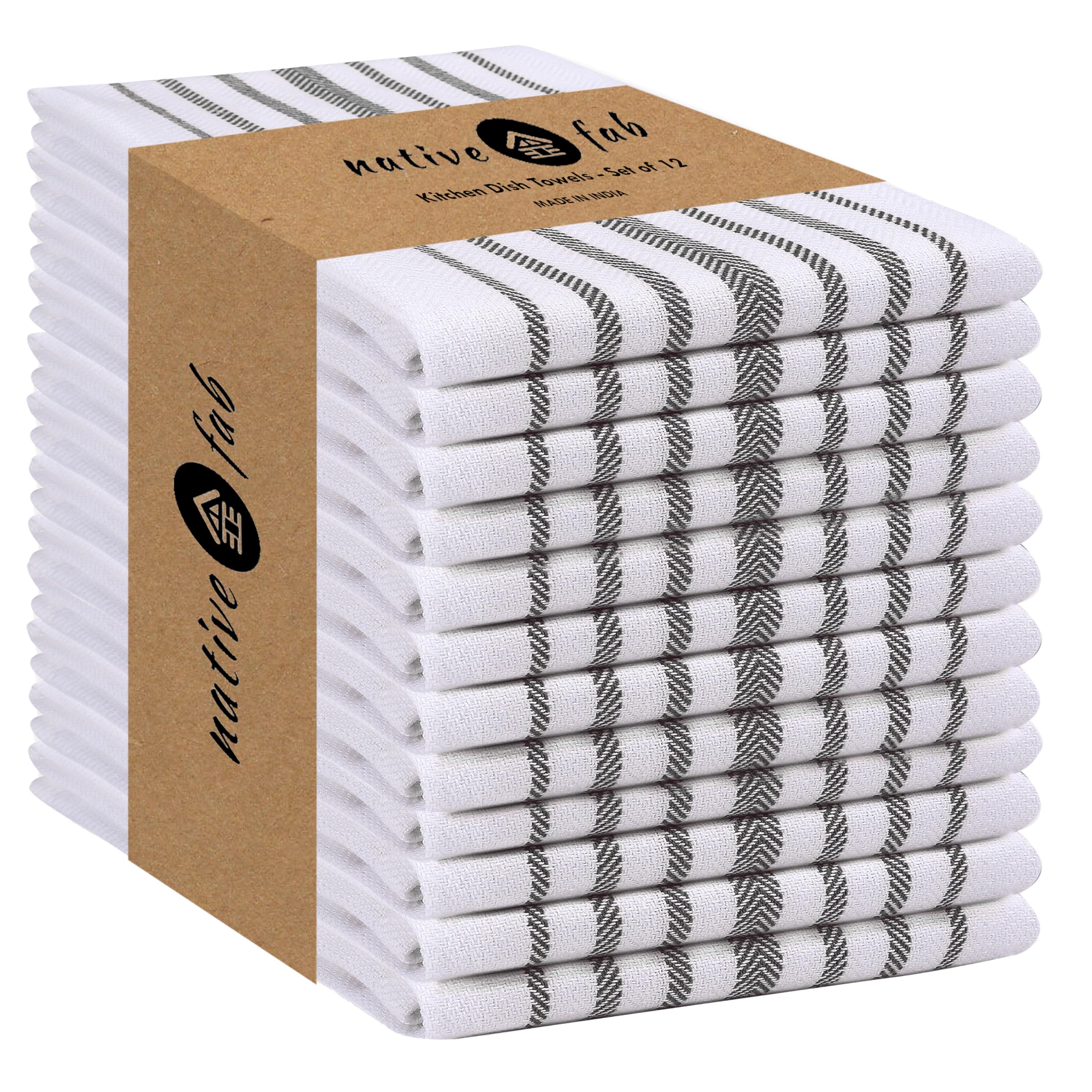 Native Fab Herringbone Striped Kitchen Towels 100% Cotton 12 Pack 16"x26" - Scandia Weave Dish Towels for Drying, Absorbent Dish Cloths Set with Hanging Loop - Grey White