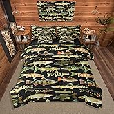 Feelyou Kids Fishing 7 Pieces Bedding Set Twin Size Vintage Pike Fish Comforter Set for Boys Girls Fishing and Hunting Bed Set Bed in a Bag with Comforter, Sheets, Pillowcases & Cushion Covers