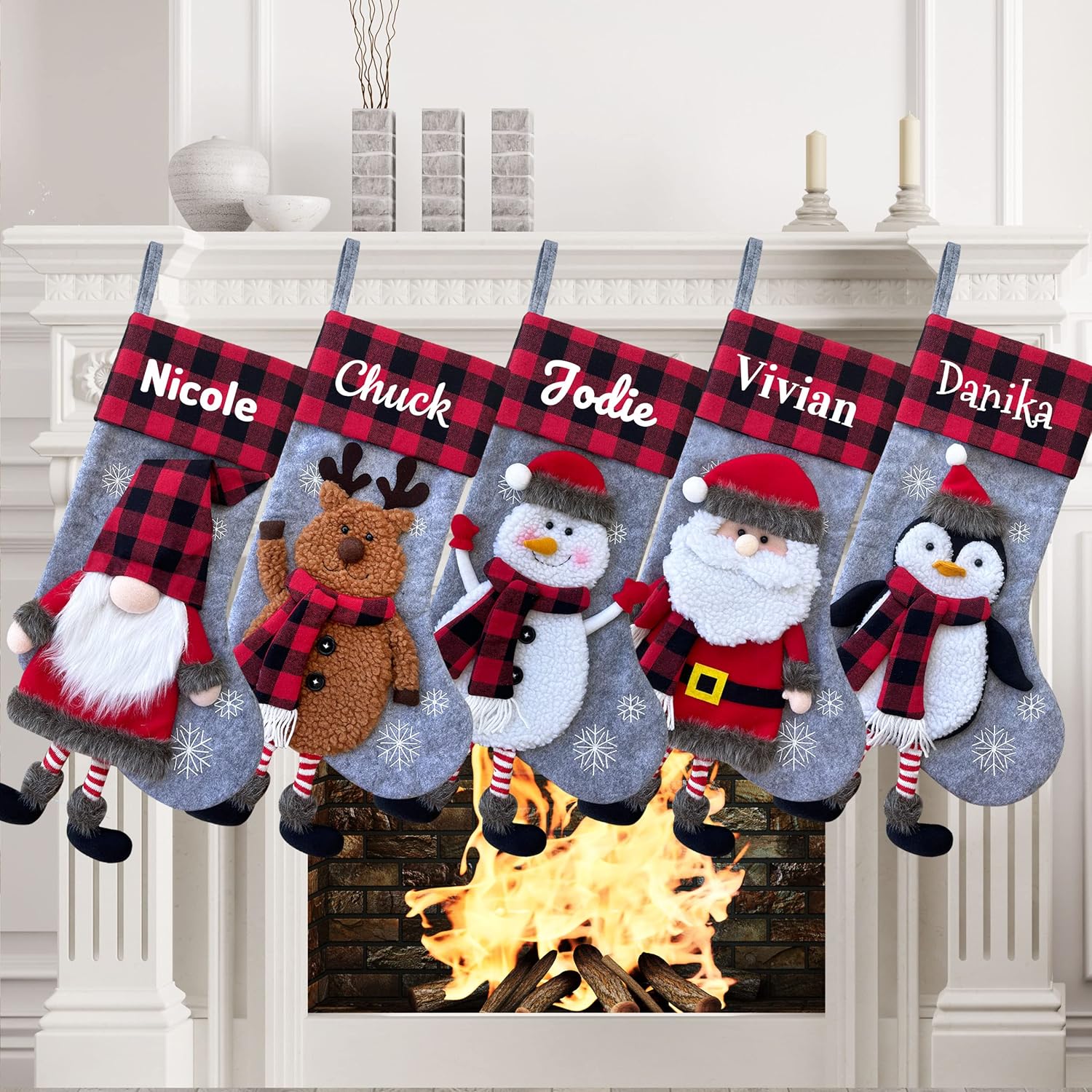 Stockings & Holders - HAPYPando Set of 4 Personalized Christmas Stockings for Family 3D Buffalo Plaid Fireplace Hanging Large Xmas Stockings Decorations for Family Holiday Season 4 Pack