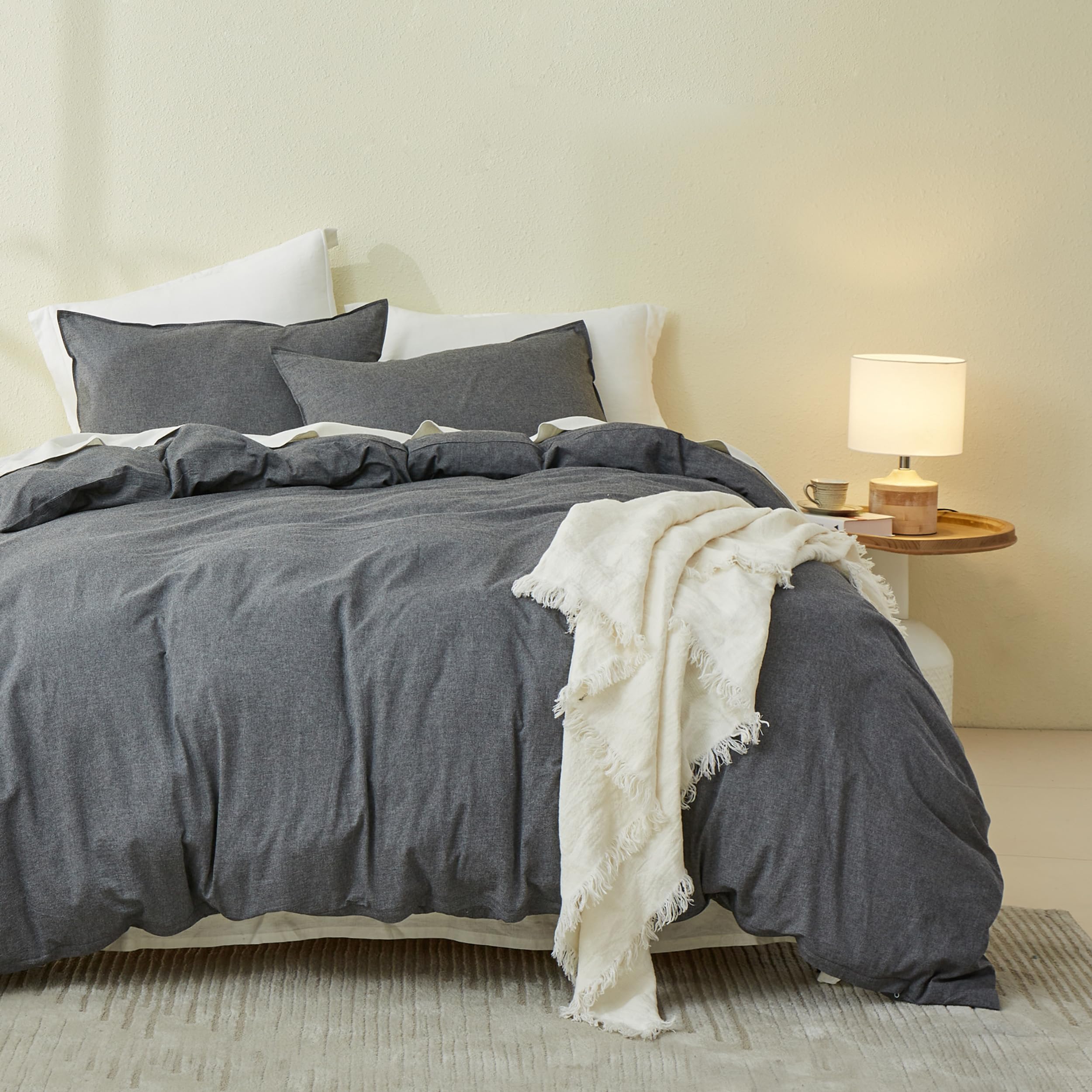 Simple&Opulence King Size Duvet Cover Sets, 100% Washed Cotton Soft Cozy Quilt Cover, 3 Pcs Modern Linen-Look Bedding Set with Zipper Closure (Dark Grey,230x220cm)