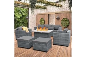 Lviden 6 Pieces Wicker Patio Furniture Sets Outdoor Conversation Set PE Rattan Sectional Sofa Couch with 45" Fire Pit Table and Grey Cushions