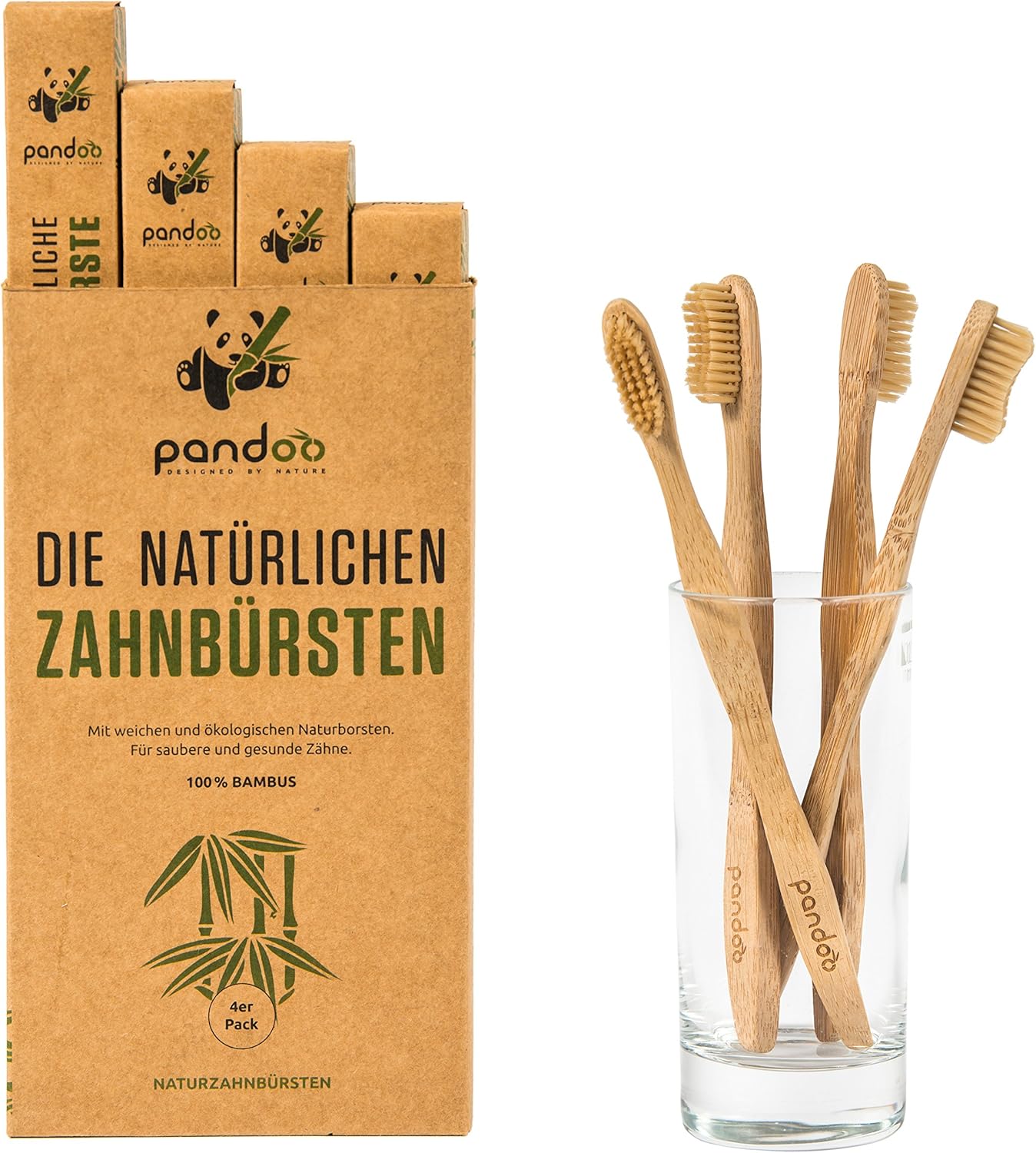pandoo Cepillos de Dientes en Bambú | Opción de Cepillo y Cerdas Ecológicos, Antibacterianos y Biodegradable a los Cepillos de Plástico | Vegano – Libre de BPA - Higiene Bucal y Dental | 4 Unidades