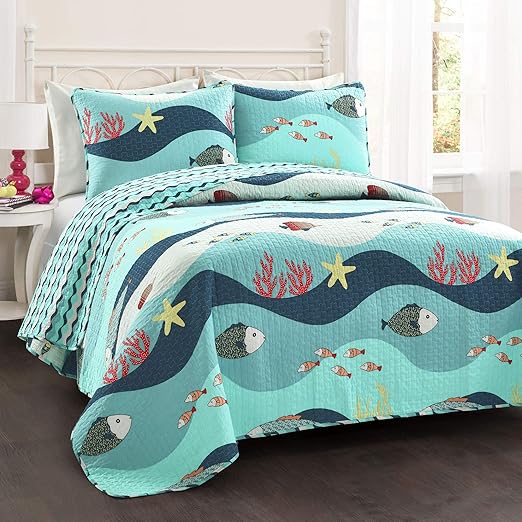 Amazon Com Lush Decor Sealife Fish Ocean Wave Reversible 3 Piece
