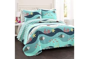 Lush Decor Sea Life Reversible Cotton Quilt Queen Size 3 Piece Set Full/Queen Blue - Kids Bedding Set Queen Quilt - Coastal Bedroom Decor - Beach House